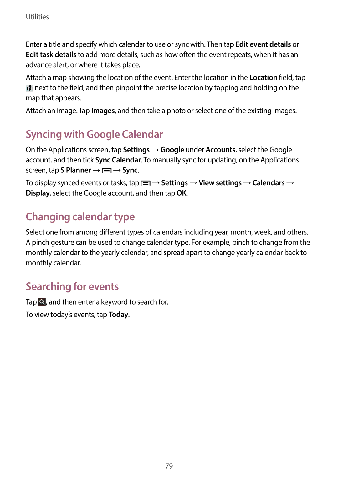 Samsung GT-P5200GNEATO, GT-P5200MKADBT manual Syncing with Google Calendar, Changing calendar type, Searching for events 