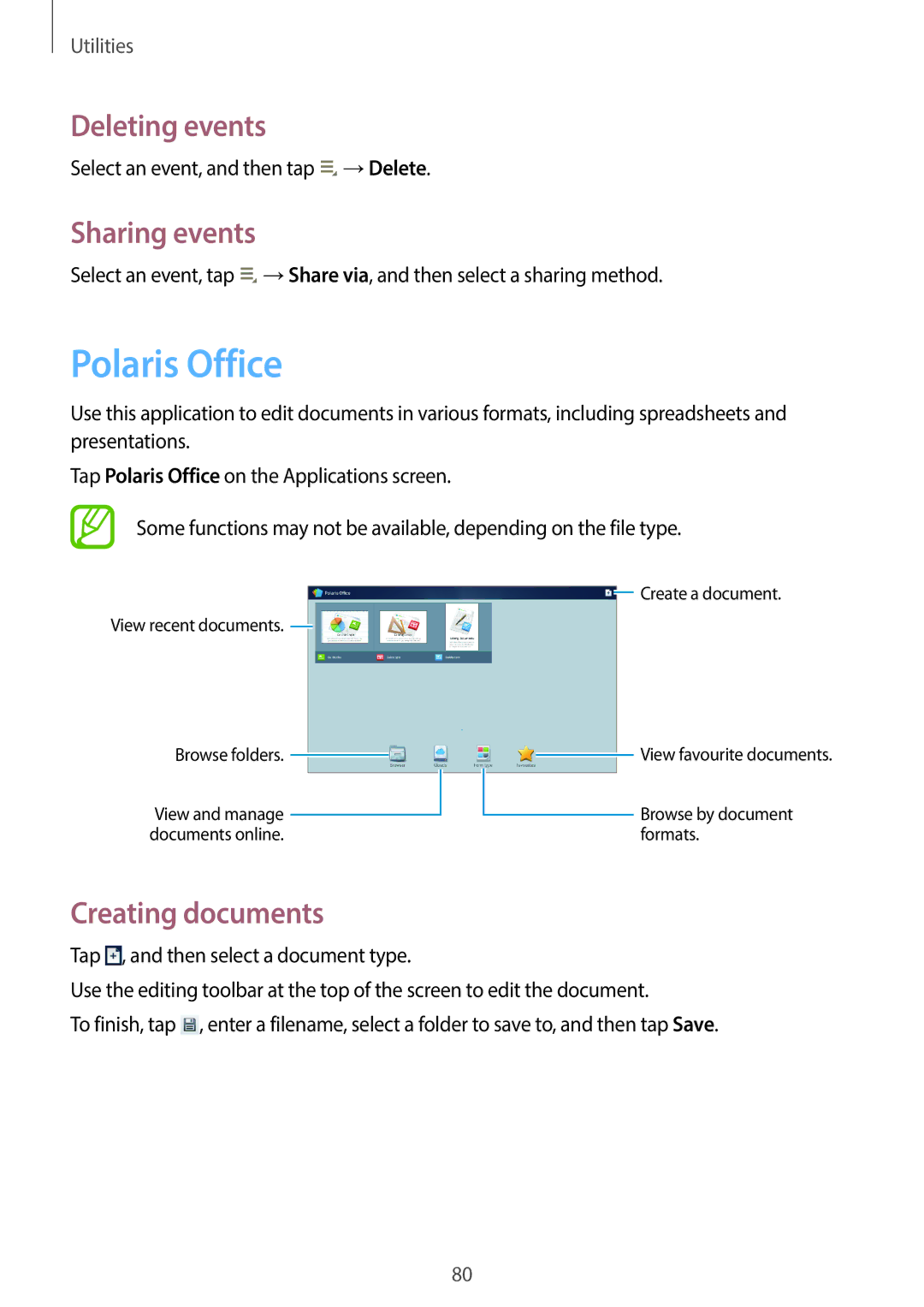 Samsung GT-P5200MKAATO, GT-P5200MKADBT, GT-P5200ZWATPH Polaris Office, Deleting events, Sharing events, Creating documents 