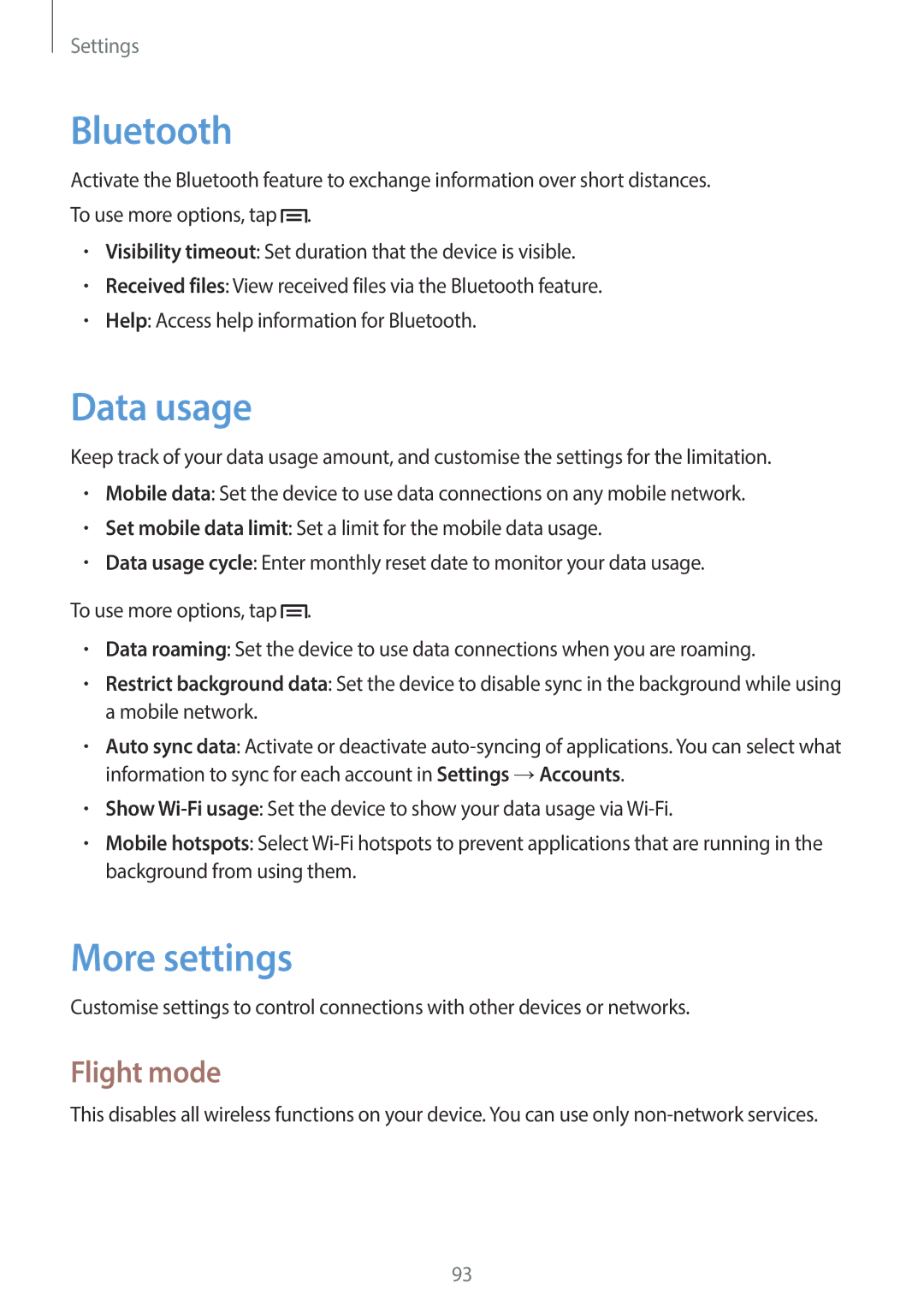 Samsung GT-P5200ZWAWIN, GT-P5200MKADBT, GT-P5200ZWATPH, GT-P5200ZWAEUR, GT-P5200GNADBT Data usage, More settings, Flight mode 