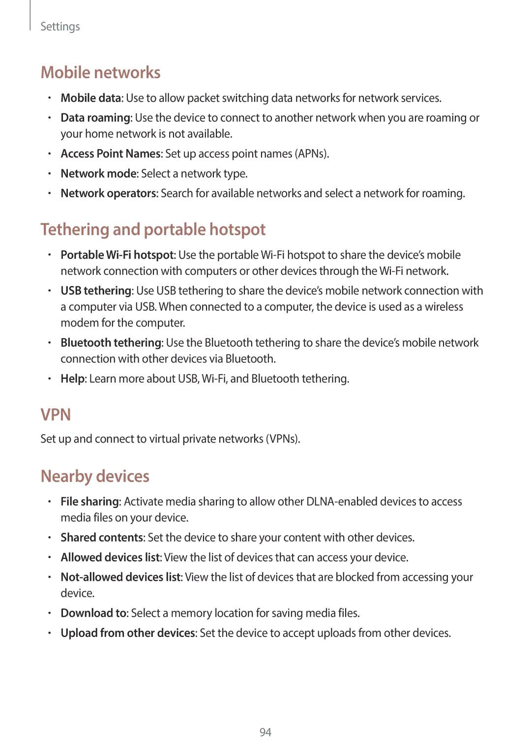 Samsung GT-P5200MKAPHE, GT-P5200MKADBT, GT-P5200ZWATPH manual Mobile networks, Tethering and portable hotspot, Nearby devices 