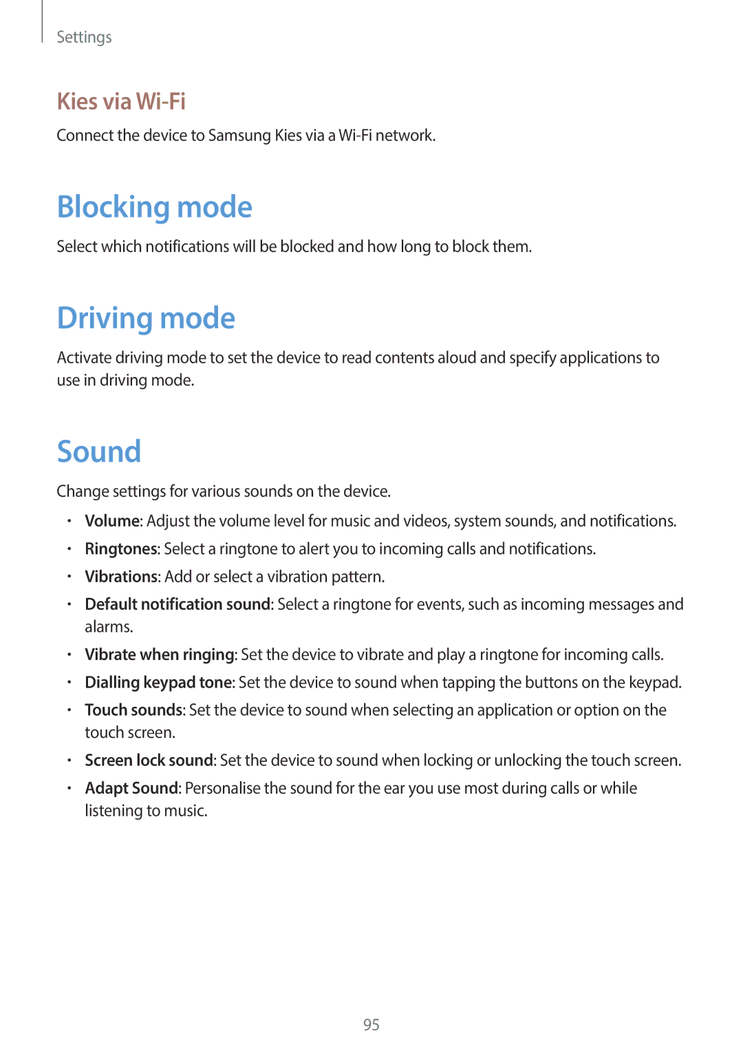 Samsung GT-P5200ZWAPHE, GT-P5200MKADBT, GT-P5200ZWATPH, GT-P5200ZWAEUR Blocking mode, Driving mode, Sound, Kies via Wi-Fi 