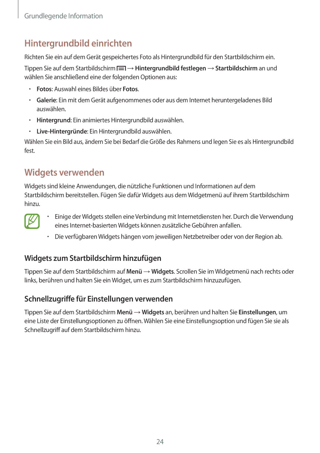 Samsung GT-P5200GNAATO manual Hintergrundbild einrichten, Widgets verwenden, Widgets zum Startbildschirm hinzufügen 