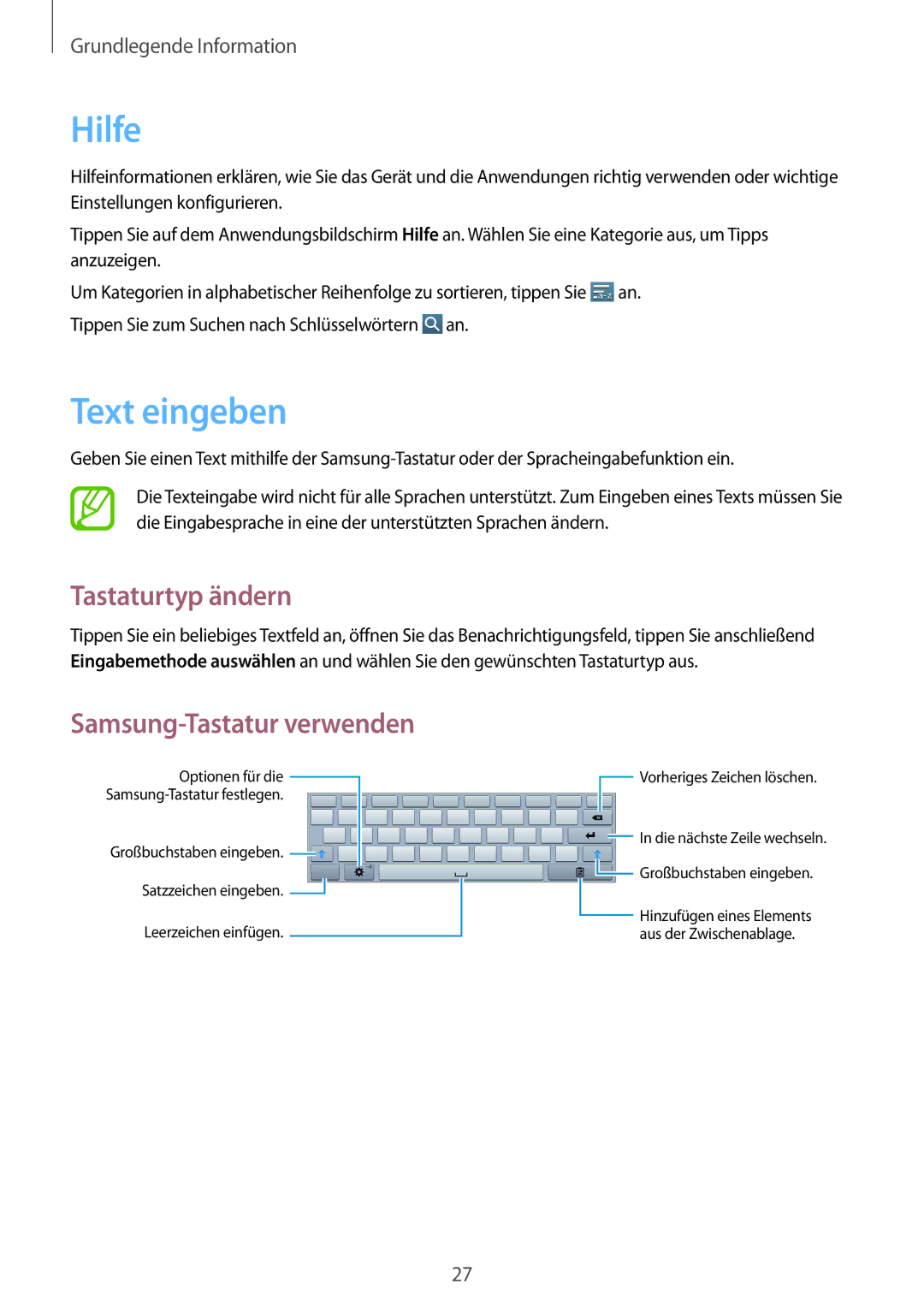 Samsung GT-P5200MKAATO, GT-P5200MKADBT, GT-P5200ZWATPH Hilfe, Text eingeben, Tastaturtyp ändern, Samsung-Tastatur verwenden 