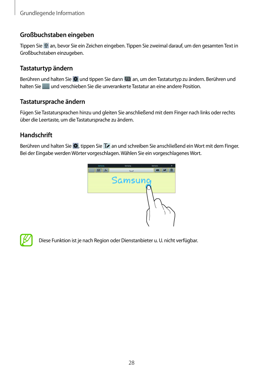 Samsung GT-P5200ZWAITV, GT-P5200MKADBT Großbuchstaben eingeben, Tastaturtyp ändern, Tastatursprache ändern, Handschrift 