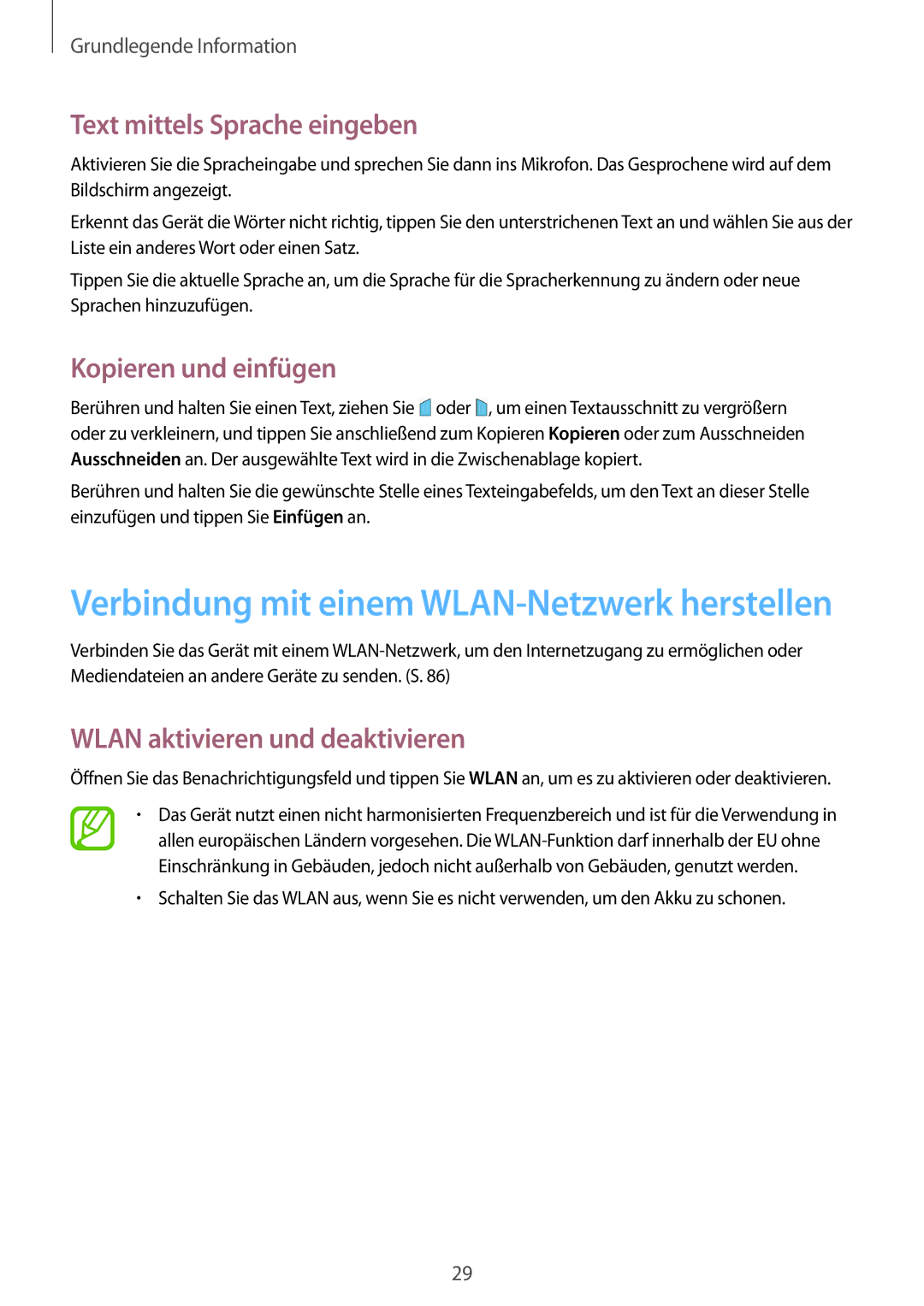 Samsung GT-P5200ZWATPL manual Text mittels Sprache eingeben, Kopieren und einfügen, Wlan aktivieren und deaktivieren 