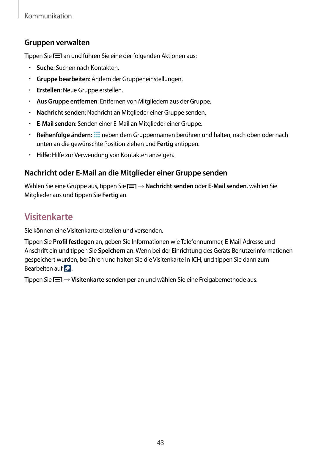 Samsung GT-P5200MKEATO manual Visitenkarte, Gruppen verwalten, Nachricht oder E-Mail an die Mitglieder einer Gruppe senden 