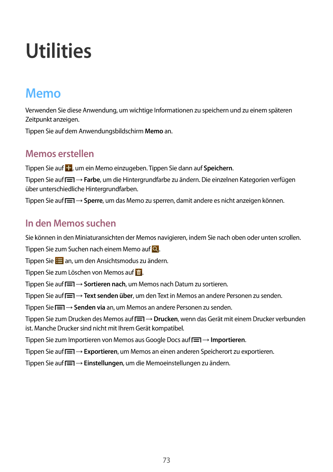 Samsung GT-P5200ZWATPH, GT-P5200MKADBT, GT-P5200ZWAEUR, GT-P5200GNADBT manual Utilities, Memos erstellen, Den Memos suchen 