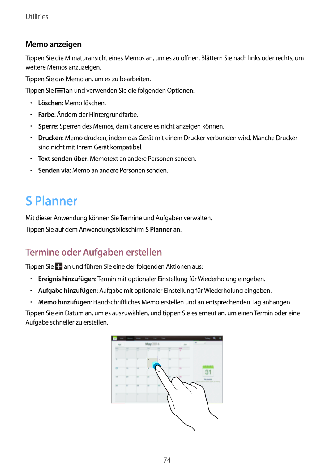 Samsung GT-P5200ZWAEUR, GT-P5200MKADBT, GT-P5200ZWATPH manual Planner, Termine oder Aufgaben erstellen, Memo anzeigen 