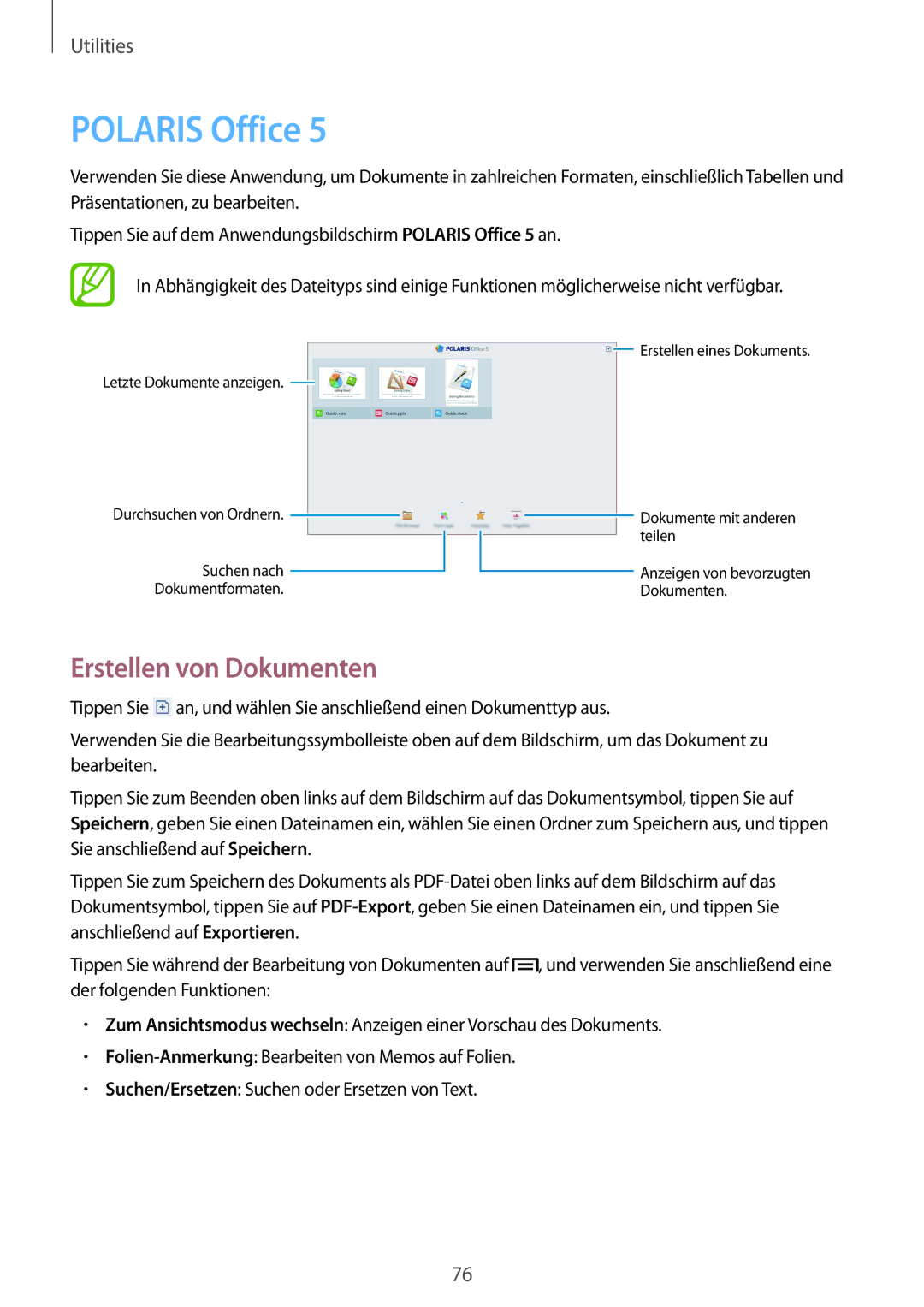Samsung GT-P5200ZWAXEO, GT-P5200MKADBT, GT-P5200ZWATPH, GT-P5200ZWAEUR manual Polaris Office, Erstellen von Dokumenten 