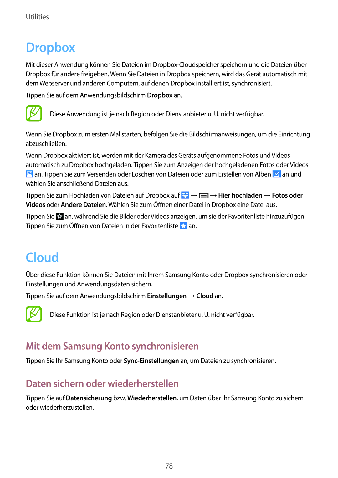 Samsung GT-P5200GNAATO manual Dropbox, Cloud, Mit dem Samsung Konto synchronisieren, Daten sichern oder wiederherstellen 