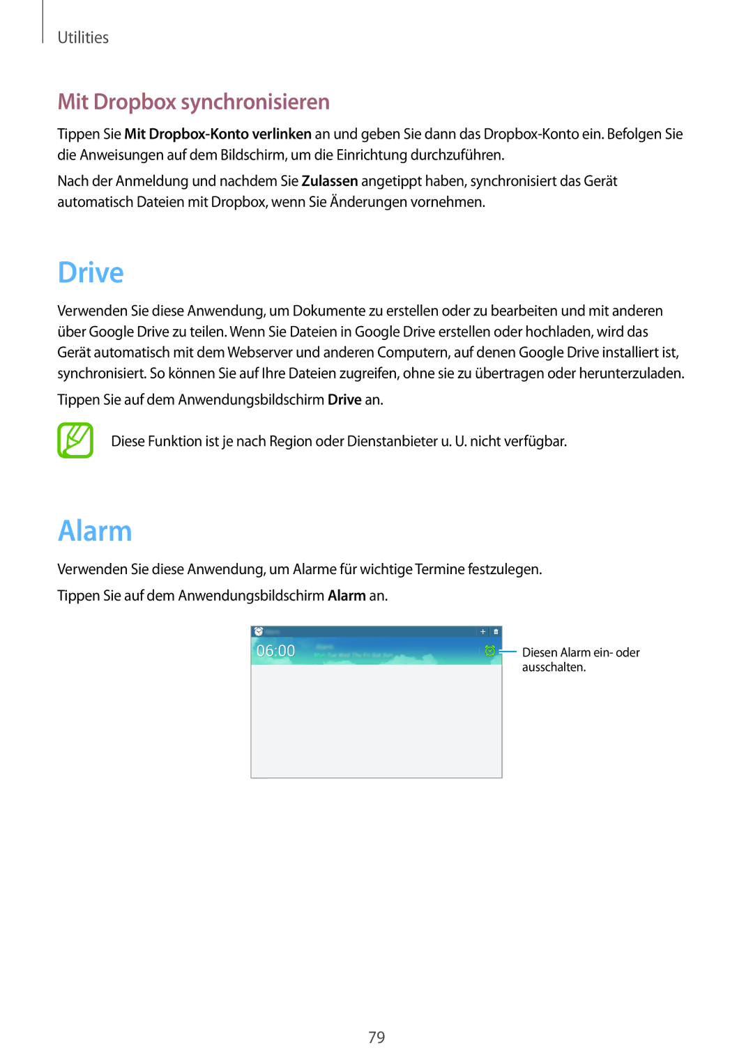 Samsung GT-P5200MKEATO, GT-P5200MKADBT, GT-P5200ZWATPH, GT-P5200ZWAEUR manual Drive, Alarm, Mit Dropbox synchronisieren 