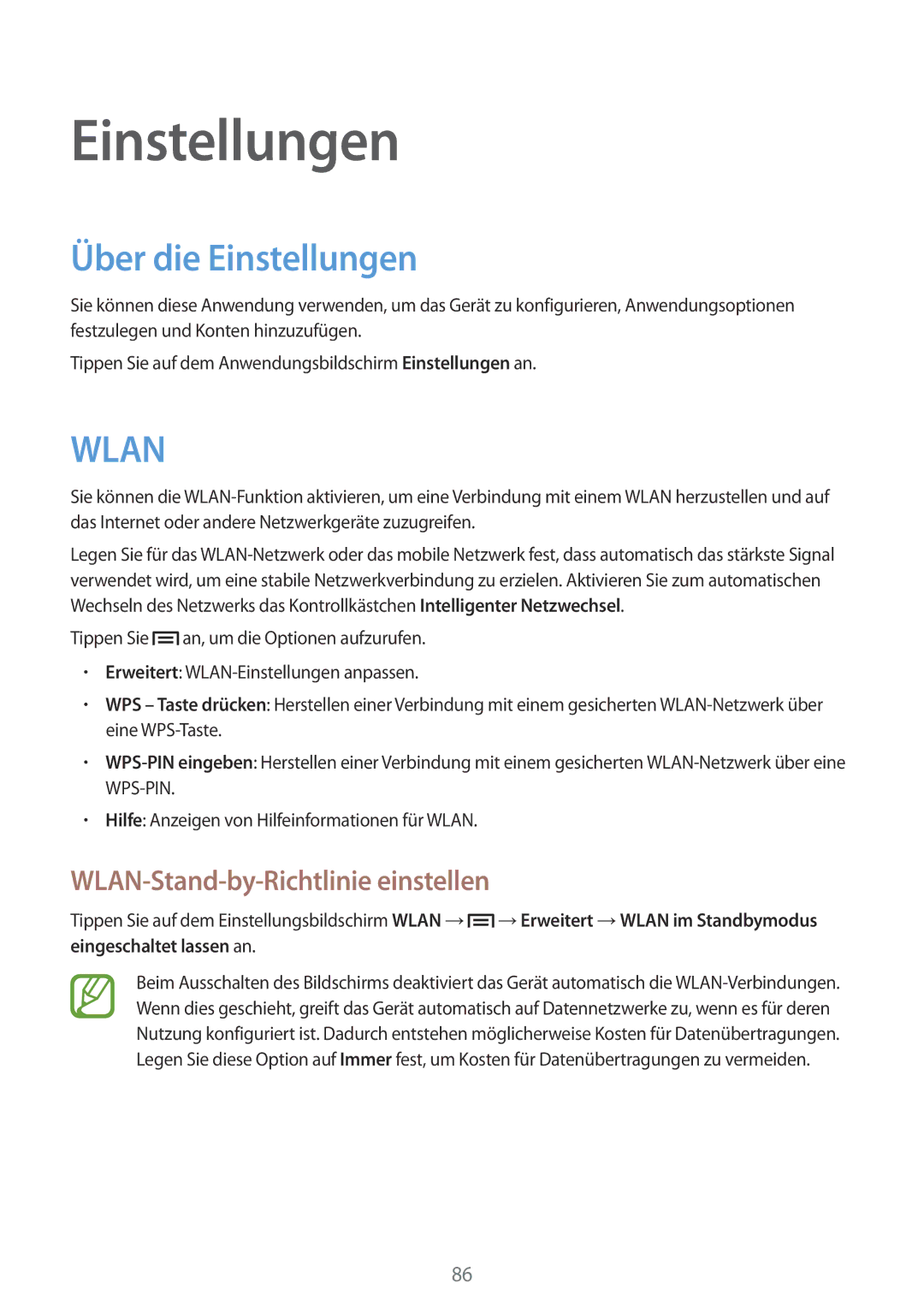 Samsung GT-P5200ZWAATO manual Über die Einstellungen, WLAN-Stand-by-Richtlinie einstellen, Eingeschaltet lassen an 