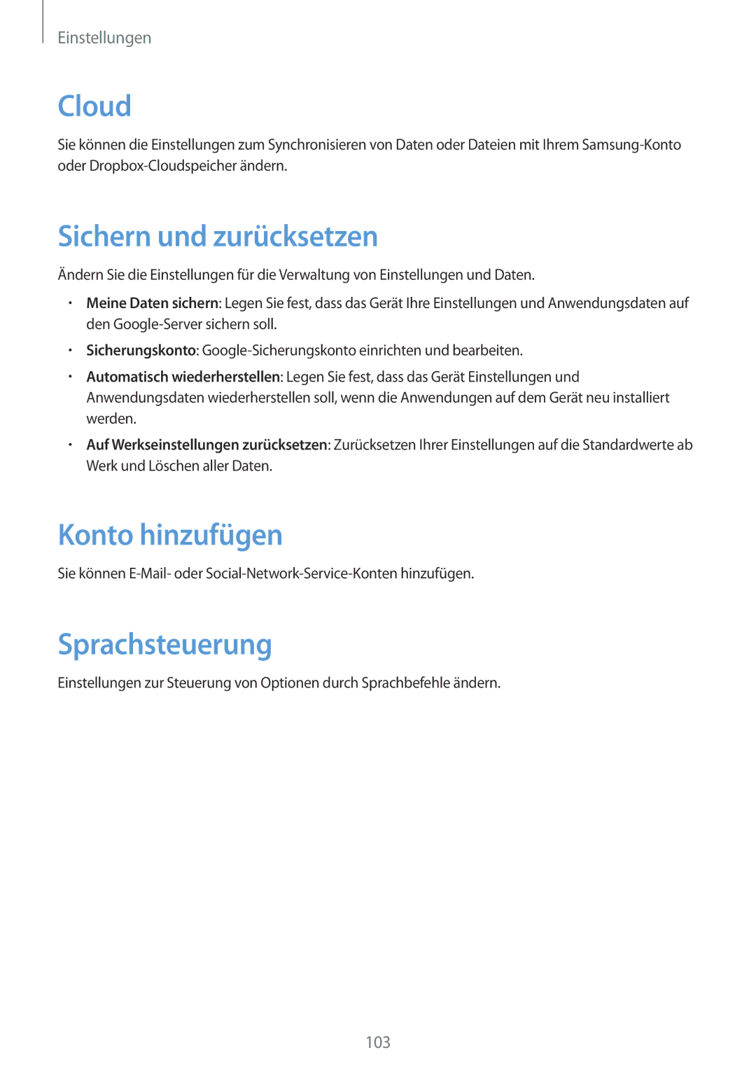 Samsung GT-P5200ZWADRE, GT-P5200MKADBT, GT-P5200ZWATPH Cloud, Sichern und zurücksetzen, Konto hinzufügen, Sprachsteuerung 