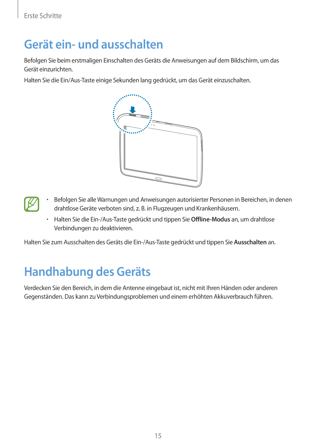 Samsung GT-P5200ZWASEB, GT-P5200MKADBT, GT-P5200ZWATPH, GT-P5200ZWAEUR Gerät ein- und ausschalten, Handhabung des Geräts 