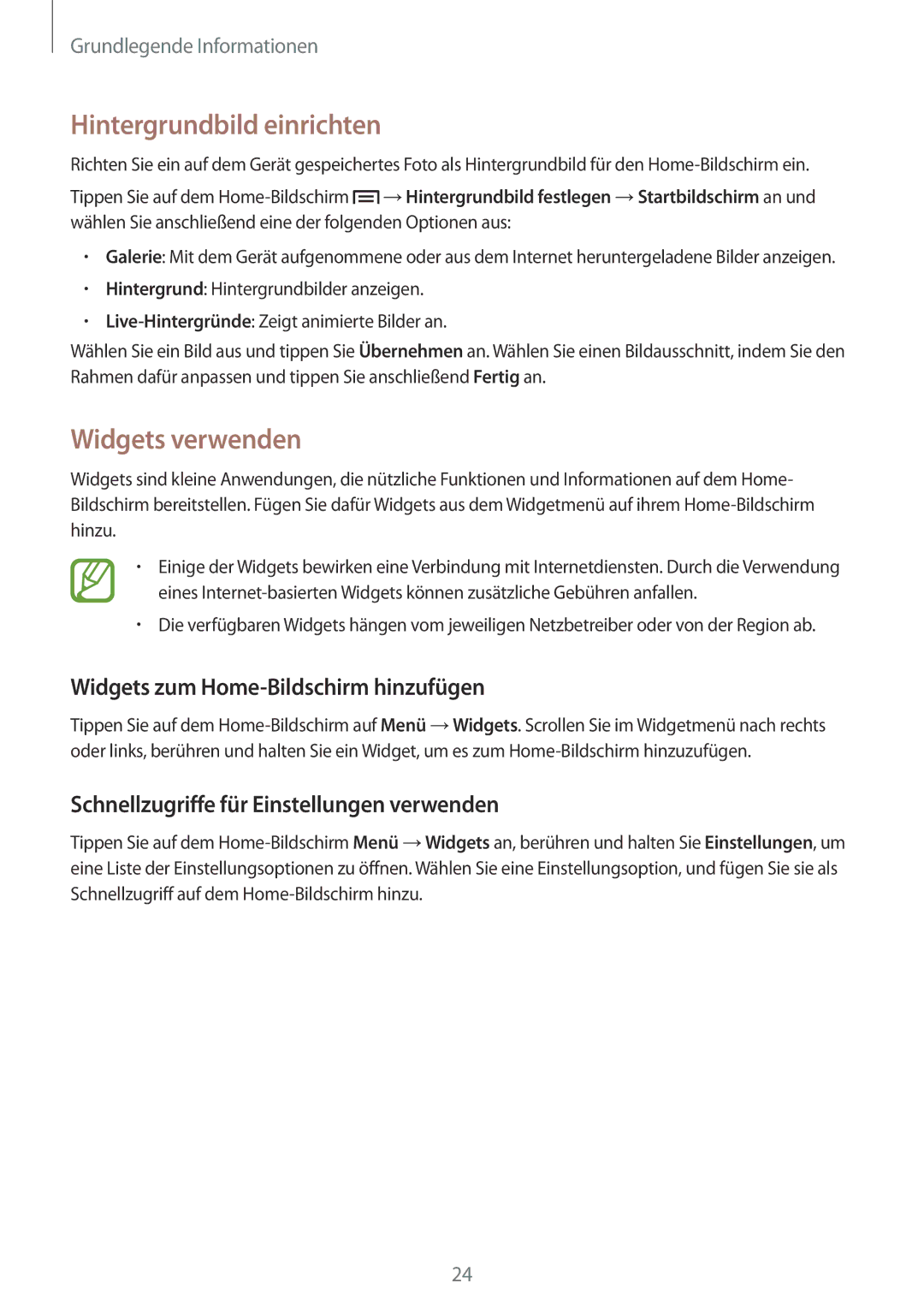 Samsung GT-P5200GNAATO manual Hintergrundbild einrichten, Widgets verwenden, Widgets zum Home-Bildschirm hinzufügen 