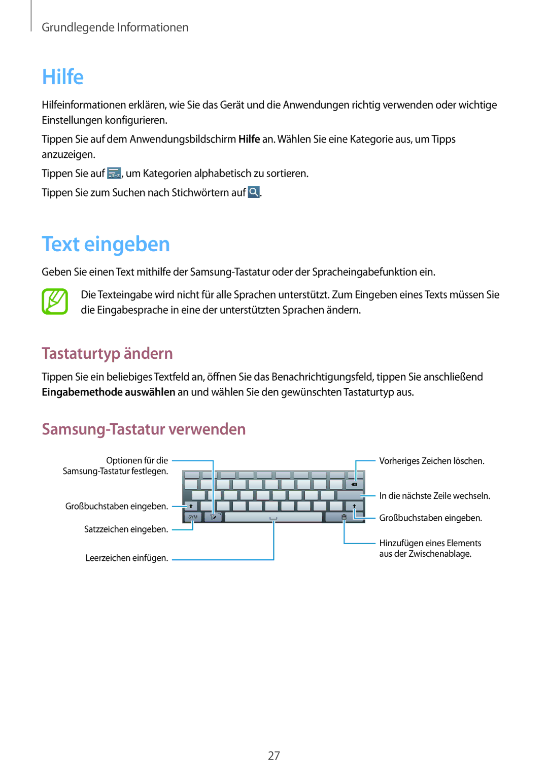 Samsung GT-P5200MKAATO, GT-P5200MKADBT, GT-P5200ZWATPH Hilfe, Text eingeben, Tastaturtyp ändern, Samsung-Tastatur verwenden 