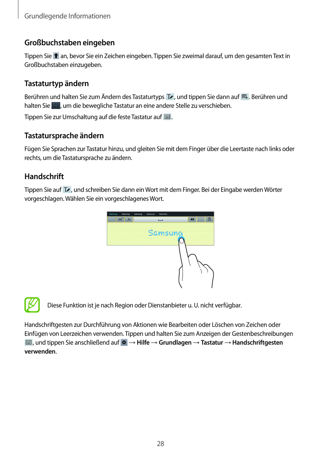 Samsung GT-P5200ZWAITV, GT-P5200MKADBT Großbuchstaben eingeben, Tastaturtyp ändern, Tastatursprache ändern, Handschrift 