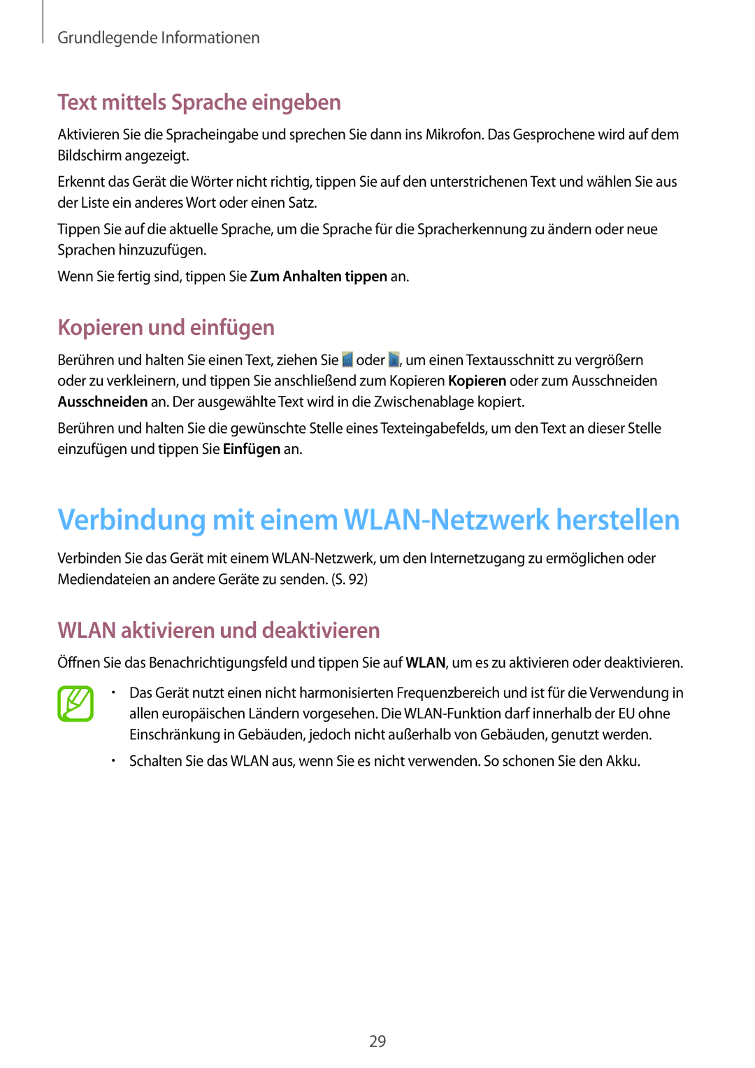 Samsung GT-P5200ZWATPL manual Text mittels Sprache eingeben, Kopieren und einfügen, Wlan aktivieren und deaktivieren 