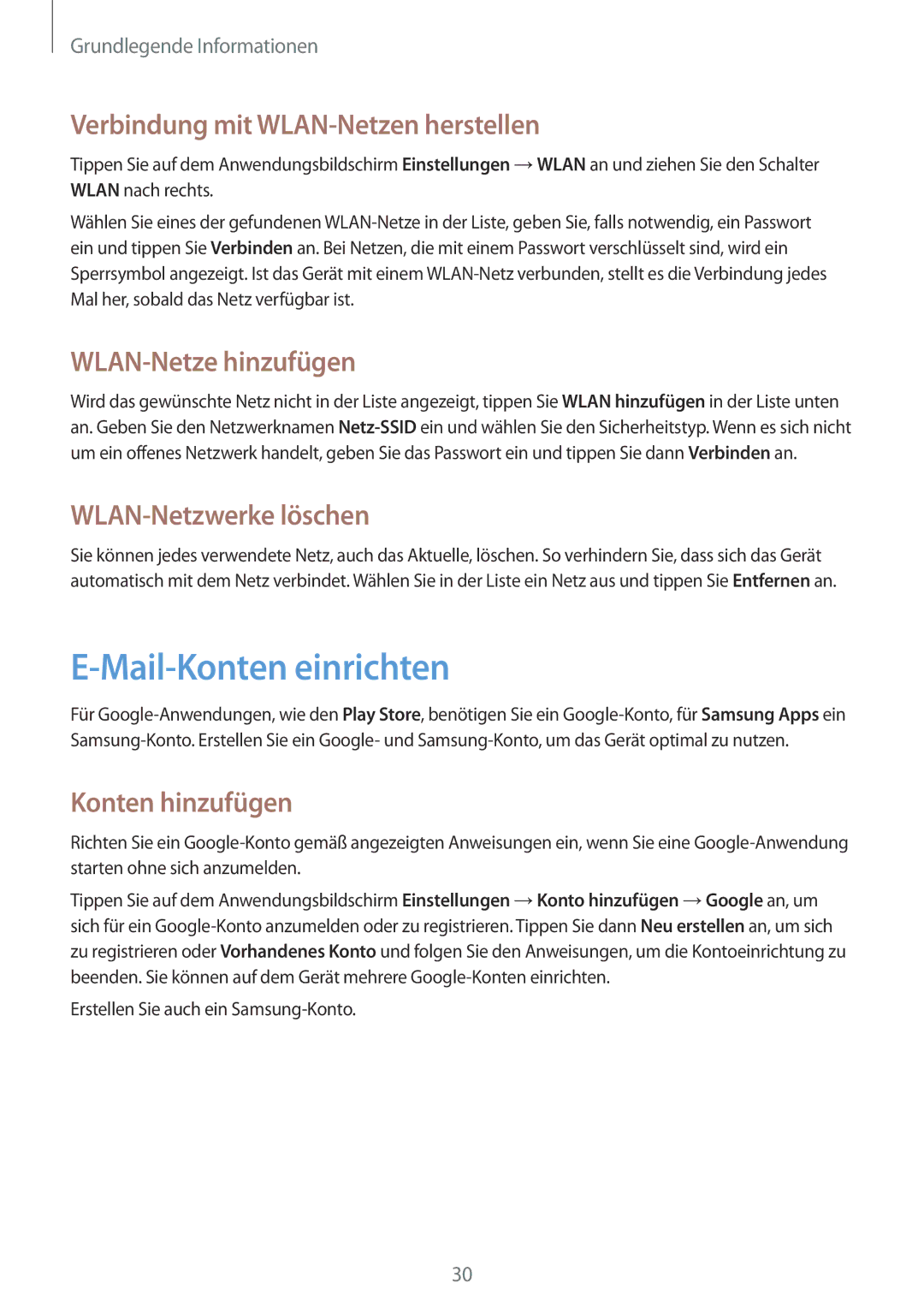 Samsung GT-P5200ZWATCL manual Mail-Konten einrichten, Verbindung mit WLAN-Netzen herstellen, WLAN-Netze hinzufügen 