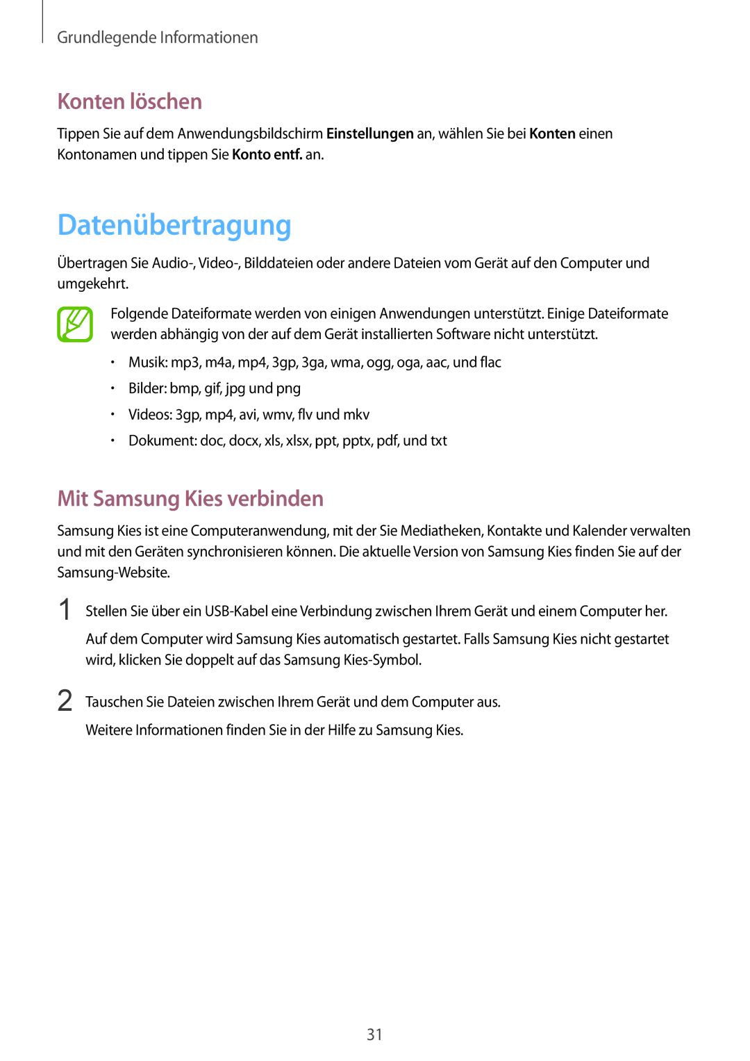 Samsung GT-P5200ZWADRE, GT-P5200MKADBT, GT-P5200ZWATPH manual Datenübertragung, Konten löschen, Mit Samsung Kies verbinden 