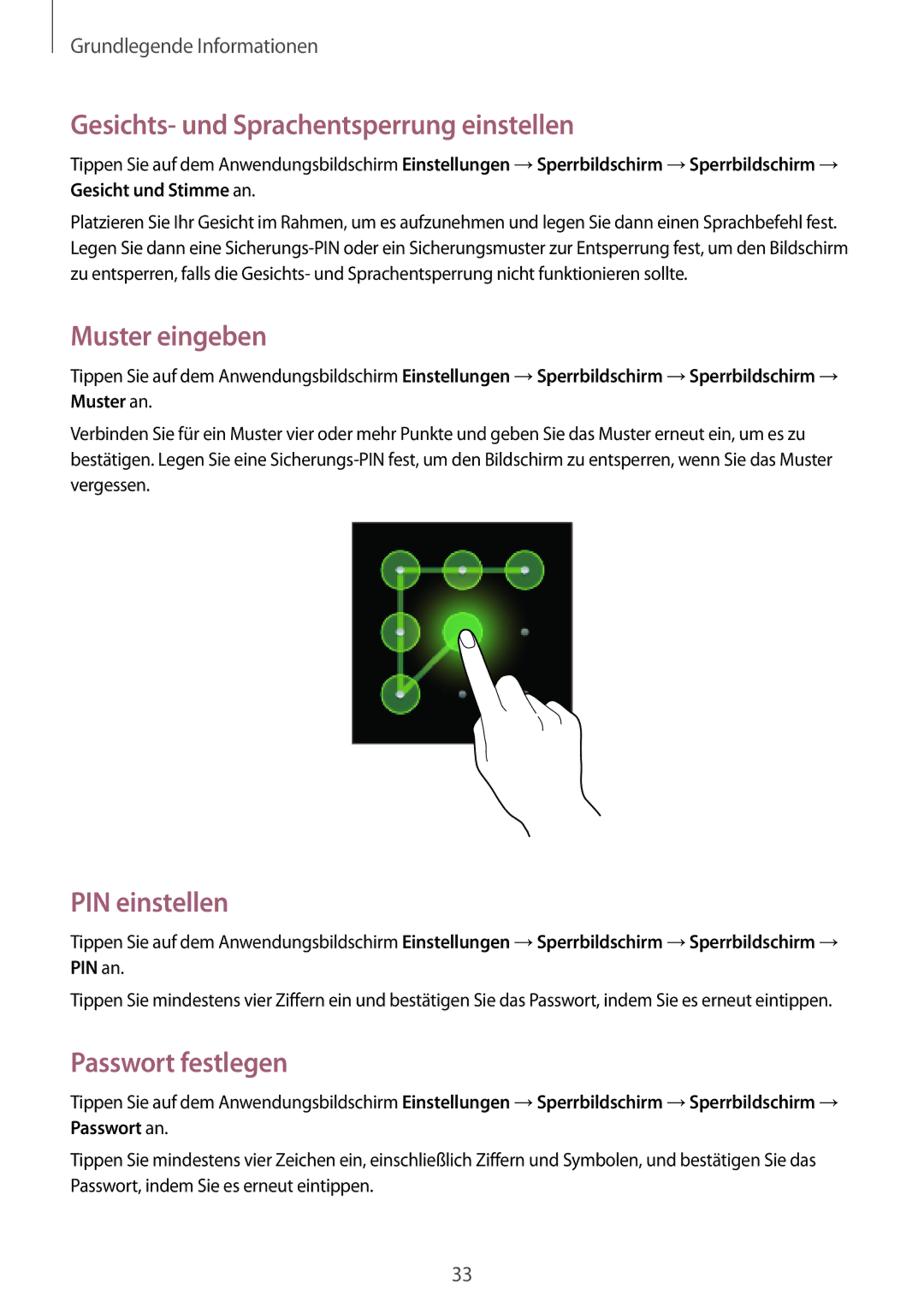 Samsung GT-P5200ZWASEB Gesichts- und Sprachentsperrung einstellen, Muster eingeben, PIN einstellen, Passwort festlegen 