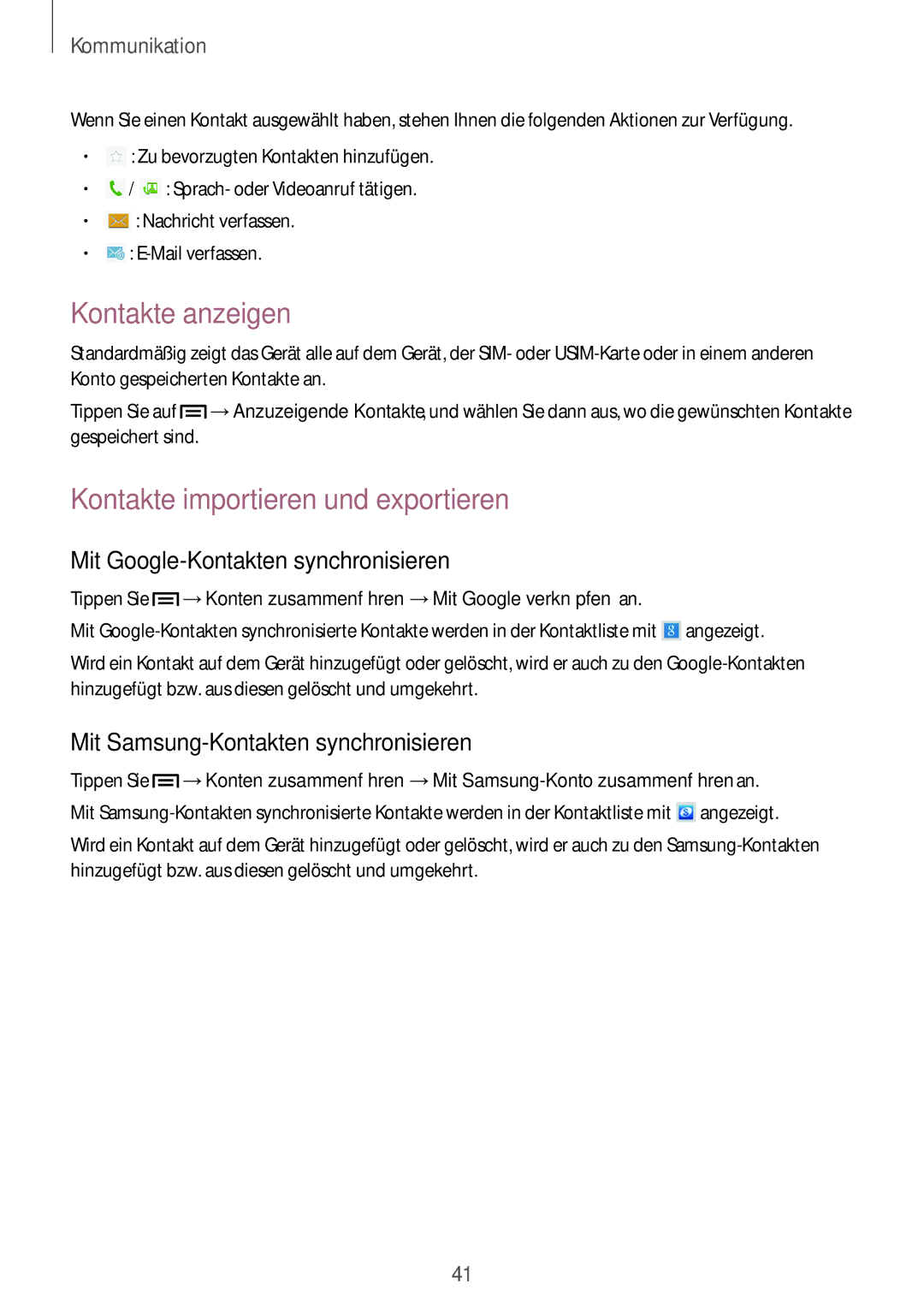 Samsung GT-P5200ZWEATO manual Kontakte anzeigen, Kontakte importieren und exportieren, Mit Google-Kontakten synchronisieren 