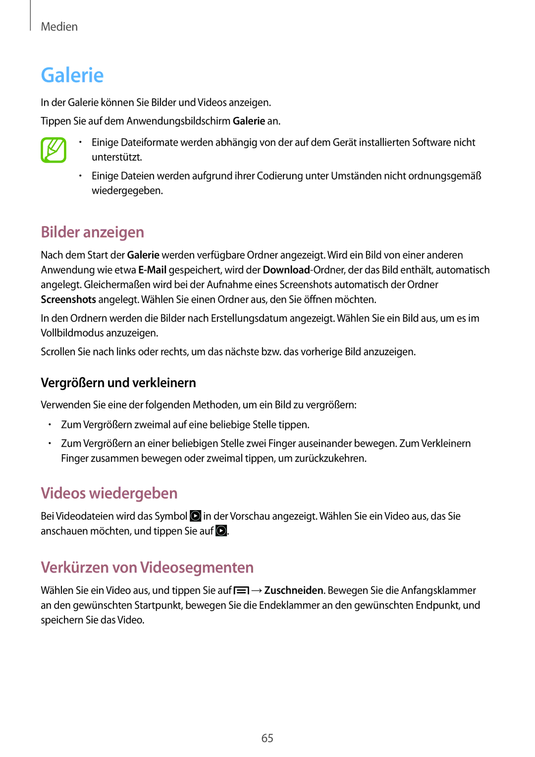 Samsung GT-P5200ZWATPL, GT-P5200MKADBT manual Galerie, Bilder anzeigen, Videos wiedergeben, Verkürzen von Videosegmenten 