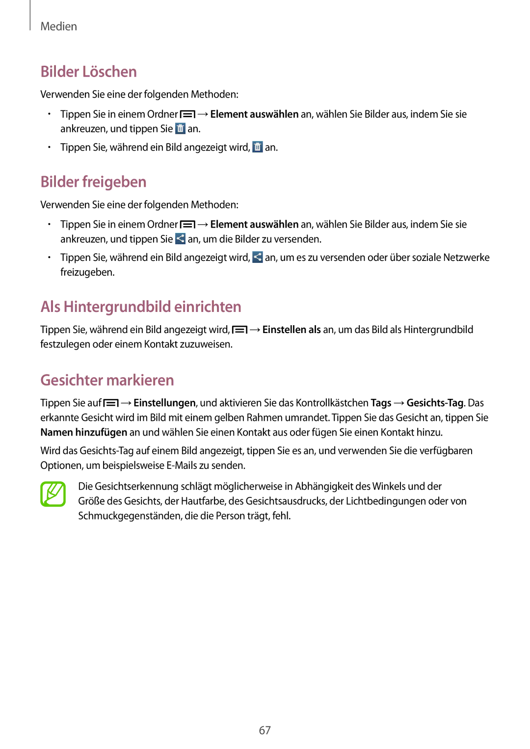 Samsung GT-P5200ZWADRE manual Bilder Löschen, Bilder freigeben, Als Hintergrundbild einrichten, Gesichter markieren 