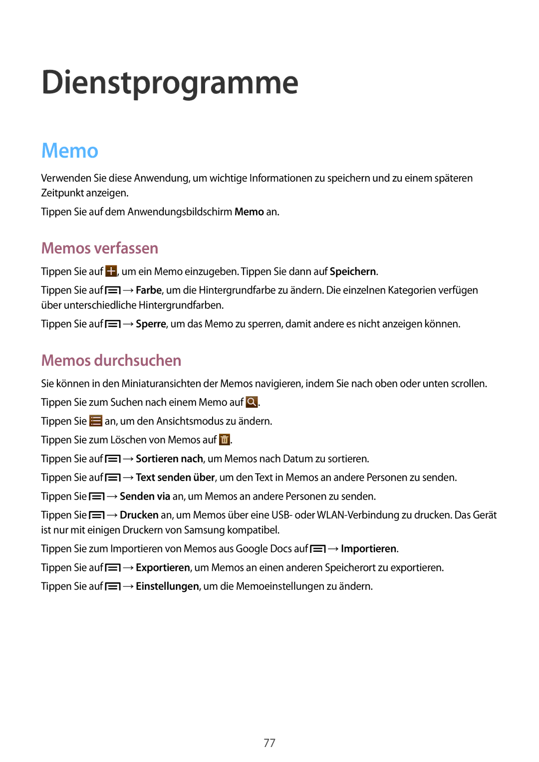 Samsung GT-P5200ZWEATO, GT-P5200MKADBT, GT-P5200ZWATPH manual Dienstprogramme, Memos verfassen, Memos durchsuchen 