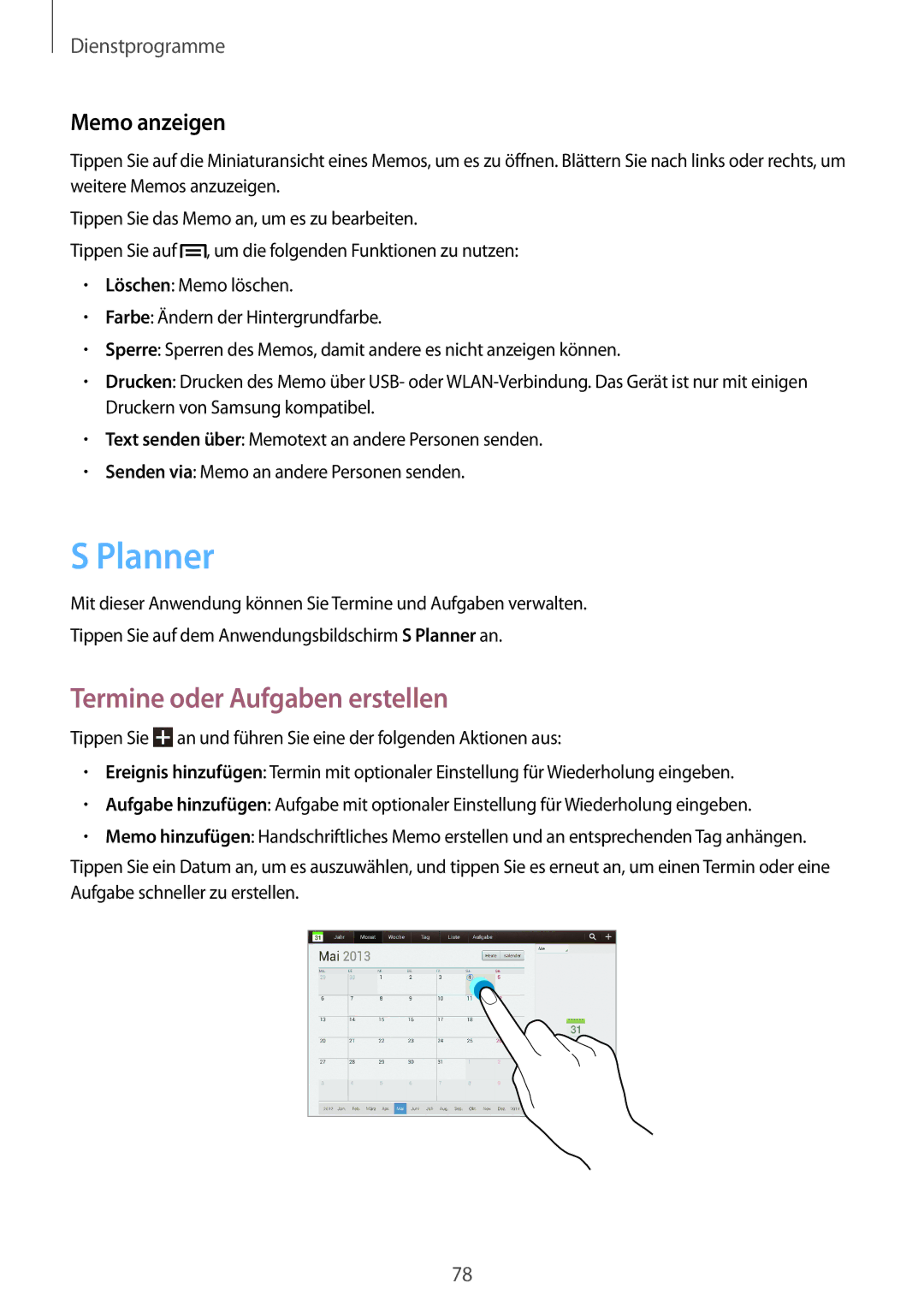 Samsung GT-P5200GNAATO, GT-P5200MKADBT, GT-P5200ZWATPH manual Planner, Termine oder Aufgaben erstellen, Memo anzeigen 