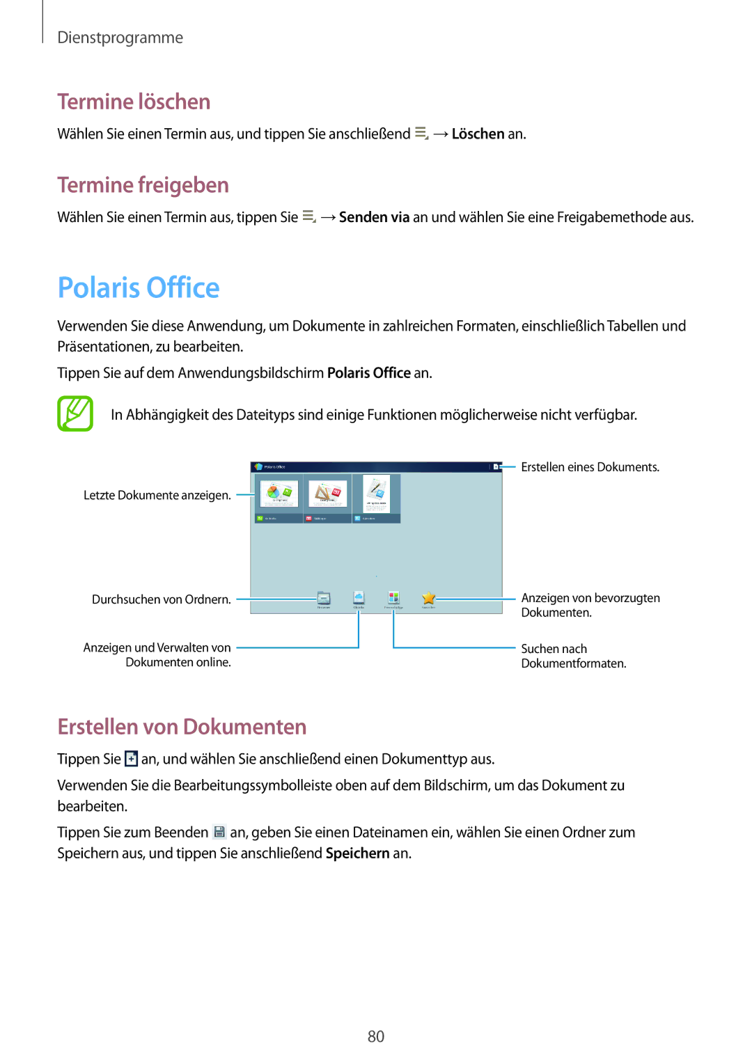 Samsung GT-P5200GNEATO, GT-P5200MKADBT manual Polaris Office, Termine löschen, Termine freigeben, Erstellen von Dokumenten 