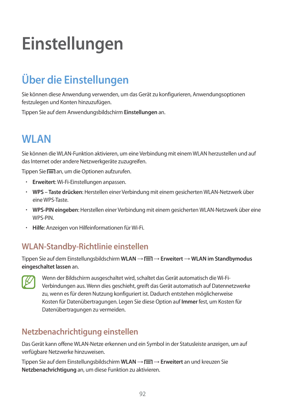 Samsung GT-P5200ZWAEUR Über die Einstellungen, WLAN-Standby-Richtlinie einstellen, Netzbenachrichtigung einstellen 