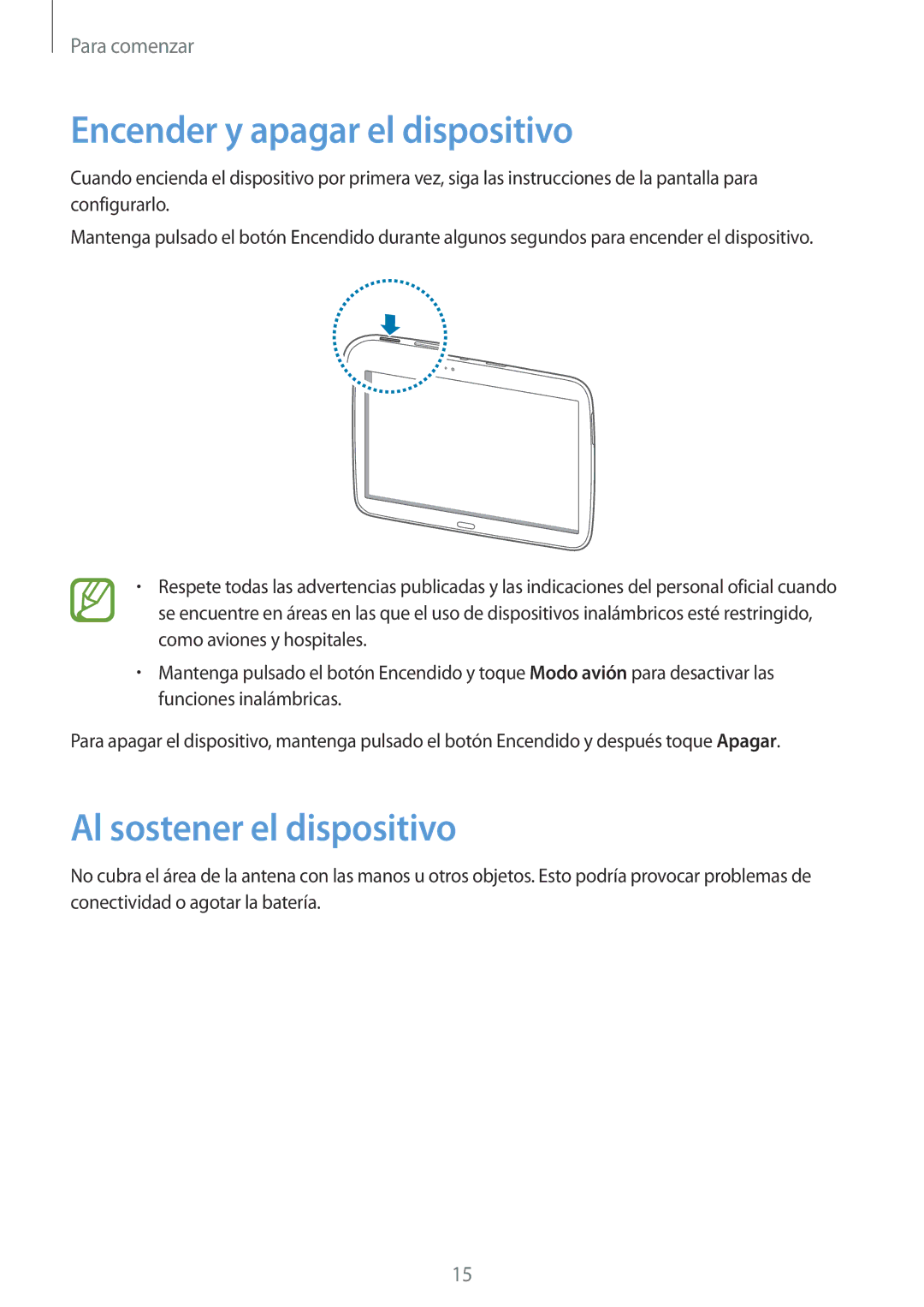 Samsung GT-P5200ZWADBT, GT-P5200MKADBT, GT-P5200ZWATPH manual Encender y apagar el dispositivo, Al sostener el dispositivo 