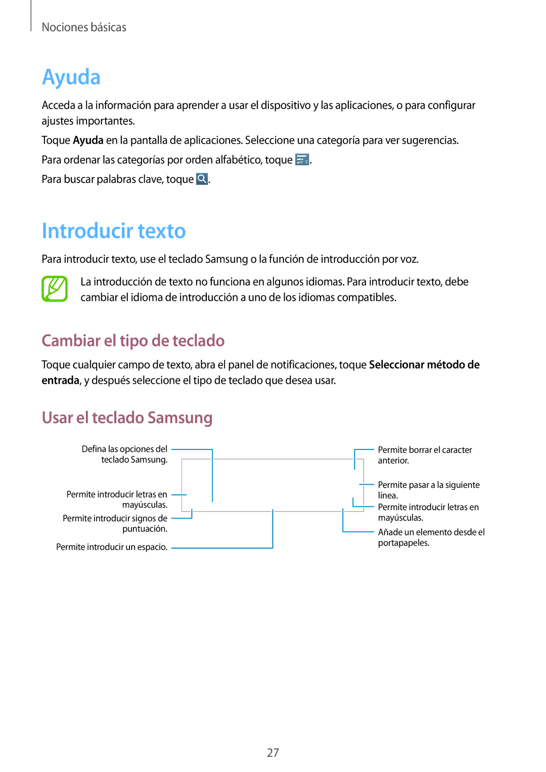 Samsung GT-P5200MKAXEO, GT-P5200MKADBT manual Ayuda, Introducir texto, Cambiar el tipo de teclado, Usar el teclado Samsung 