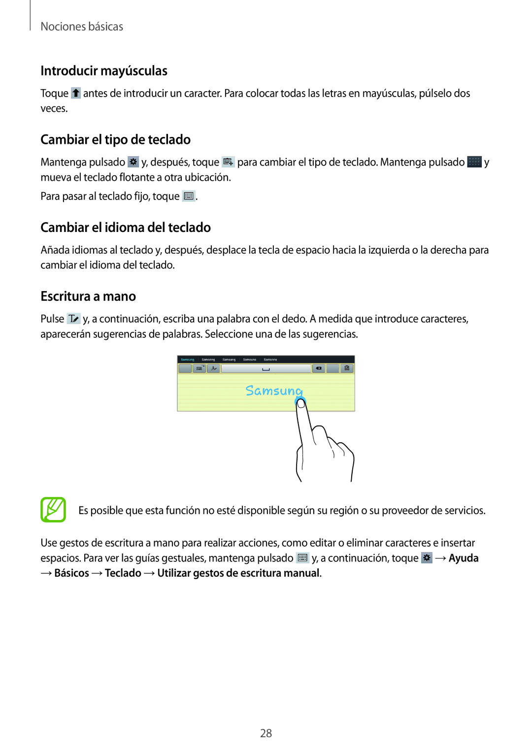 Samsung GT-P5200ZWAXEH Introducir mayúsculas, Cambiar el tipo de teclado, Cambiar el idioma del teclado, Escritura a mano 