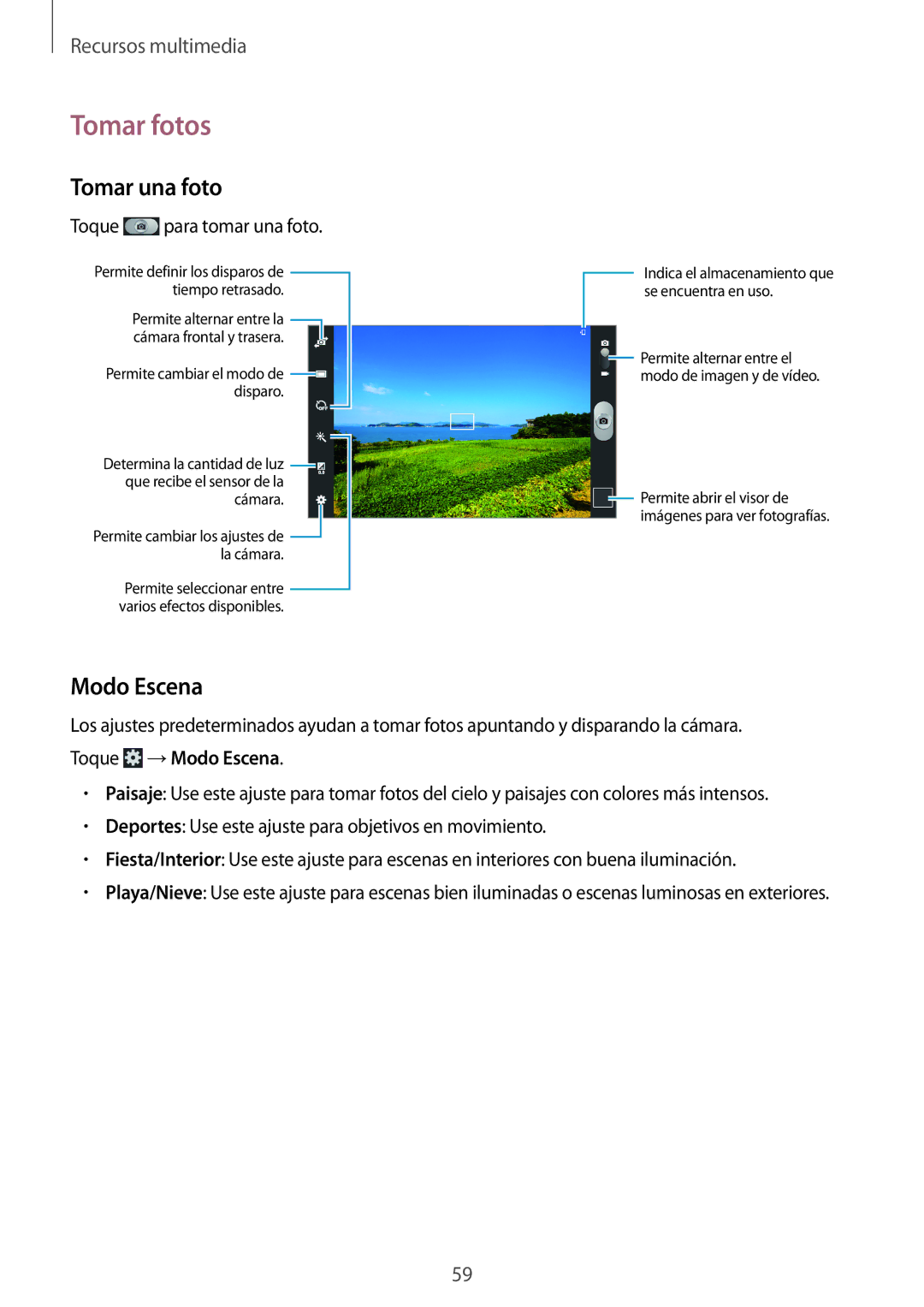 Samsung GT-P5200ZWADBT, GT-P5200MKADBT, GT-P5200ZWATPH, GT-P5200ZWAXEO manual Tomar fotos, Tomar una foto, Modo Escena 