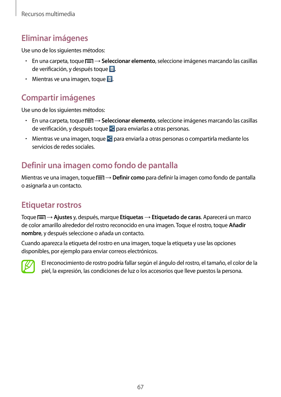Samsung GT-P5200ZWATPH Eliminar imágenes, Compartir imágenes, Definir una imagen como fondo de pantalla, Etiquetar rostros 