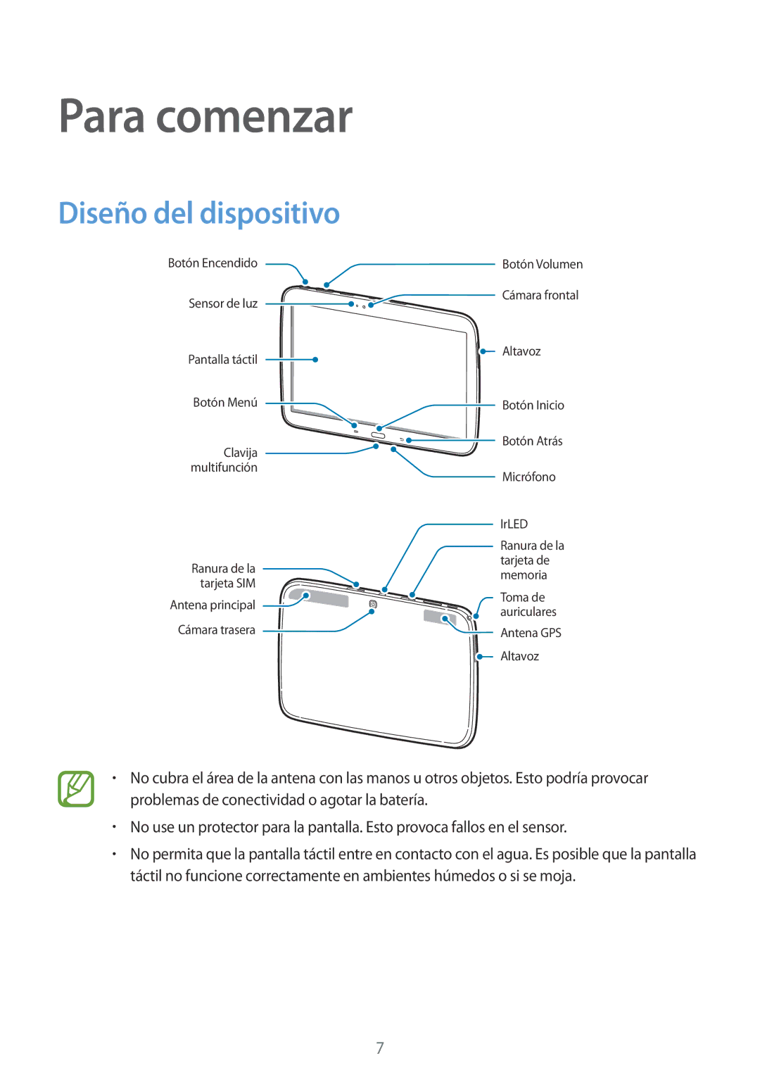 Samsung GT-P5200MKAPHE, GT-P5200MKADBT, GT-P5200ZWATPH, GT-P5200ZWAXEO, GT-P5200ZWAITV Para comenzar, Diseño del dispositivo 