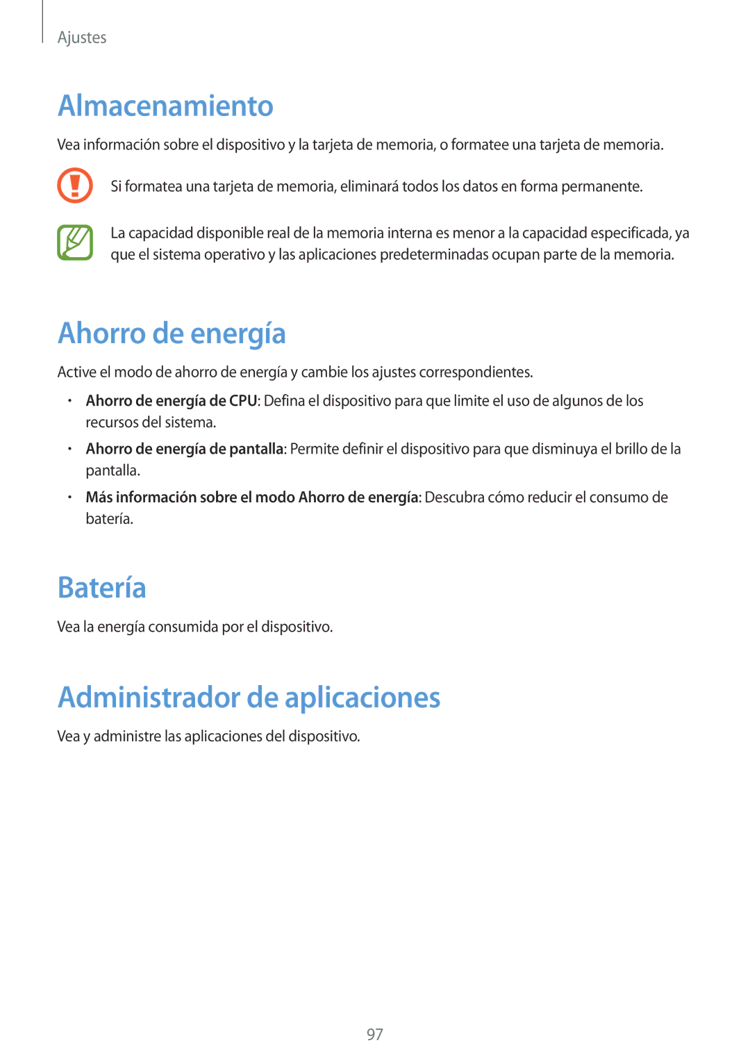 Samsung GT-P5200GNAAMN, GT-P5200MKADBT manual Almacenamiento, Ahorro de energía, Batería, Administrador de aplicaciones 