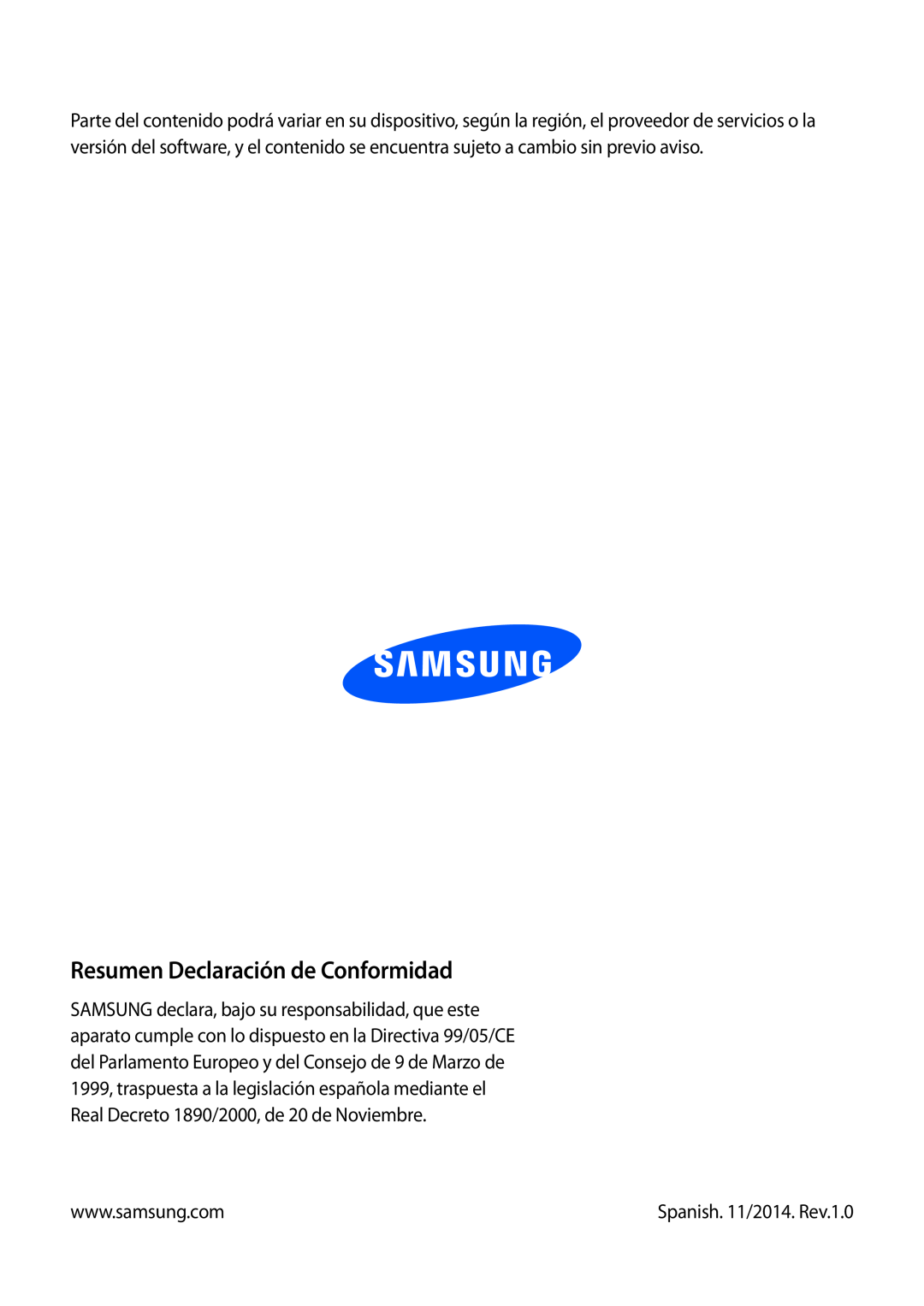 Samsung GT-P5200ZWAITV, GT-P5200MKADBT, GT-P5200ZWATPH manual Resumen Declaración de Conformidad, Spanish. 11/2014. Rev.1.0 