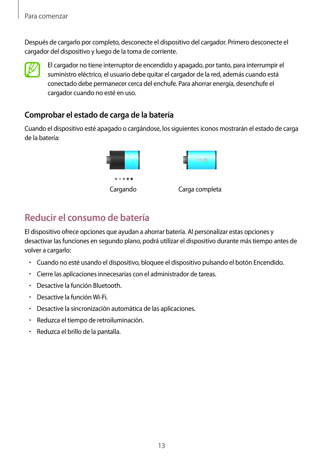 Samsung GT-P5200ZWAXEO manual Reducir el consumo de batería, Comprobar el estado de carga de la batería, Para comenzar 