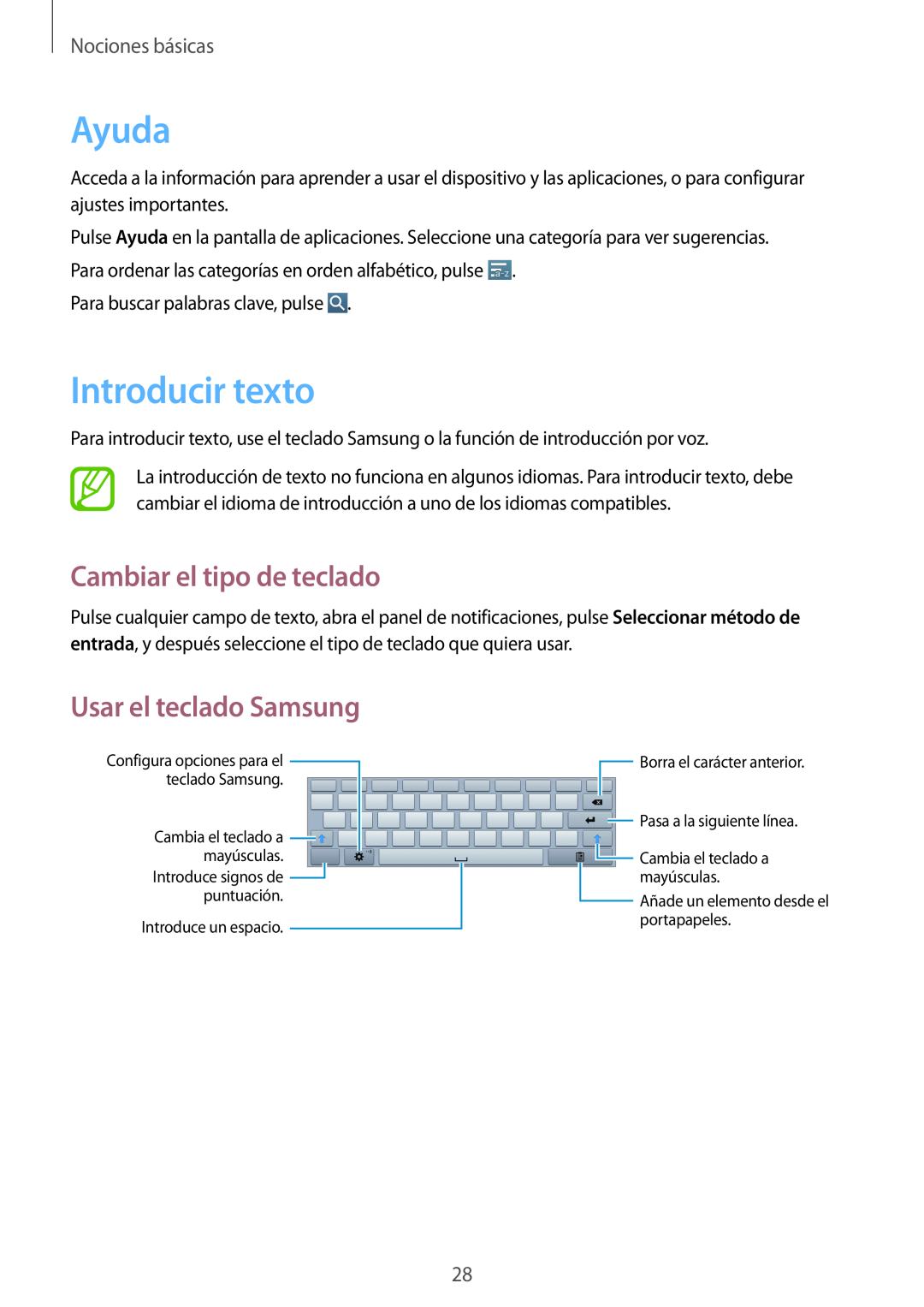 Samsung GT-P5200ZWAXEH Ayuda, Introducir texto, Cambiar el tipo de teclado, Usar el teclado Samsung, Nociones básicas 
