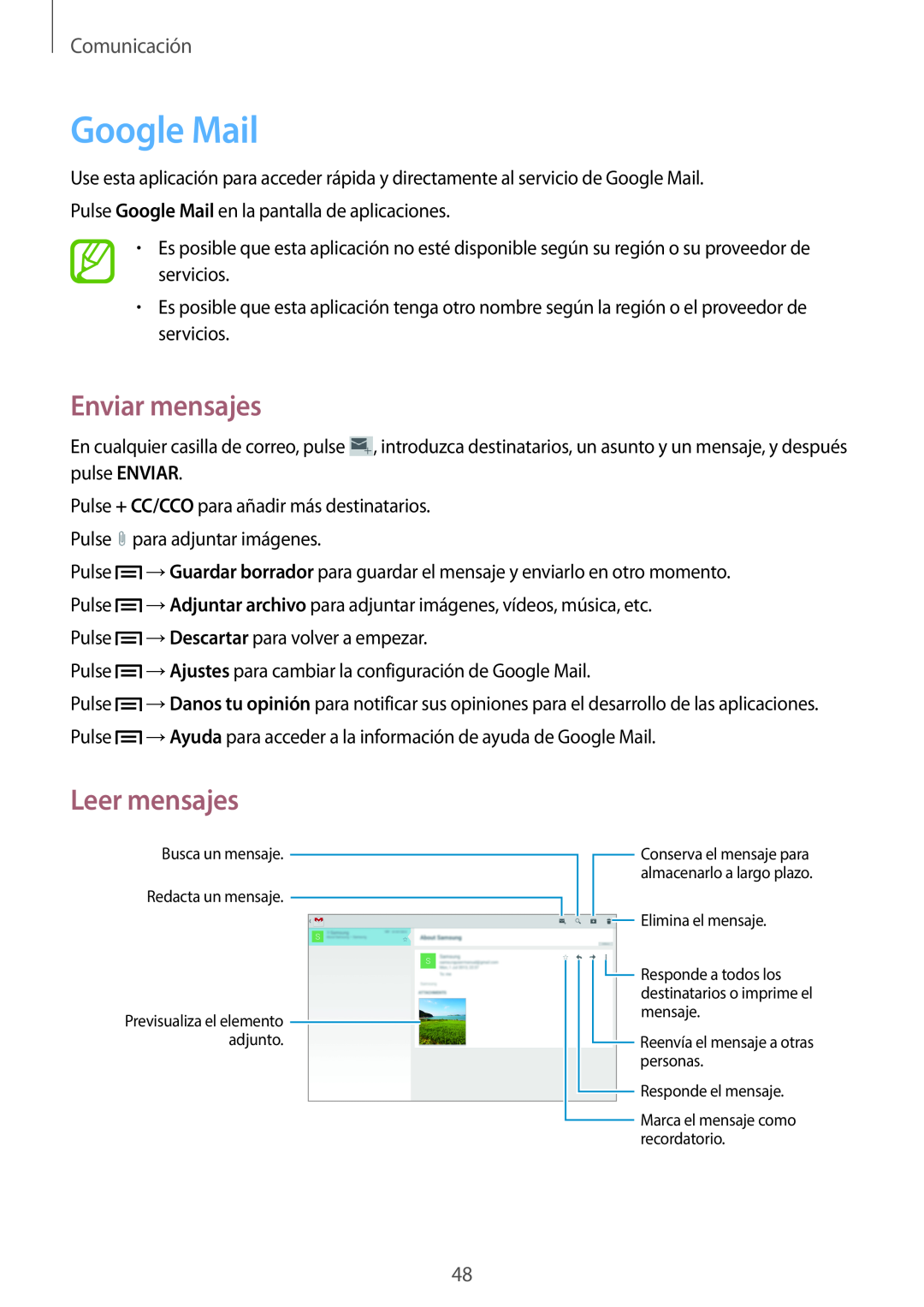 Samsung GT-P5200ZWADBT, GT-P5200MKADBT manual Google Mail, Enviar mensajes, Leer mensajes, Comunicación, Elimina el mensaje 
