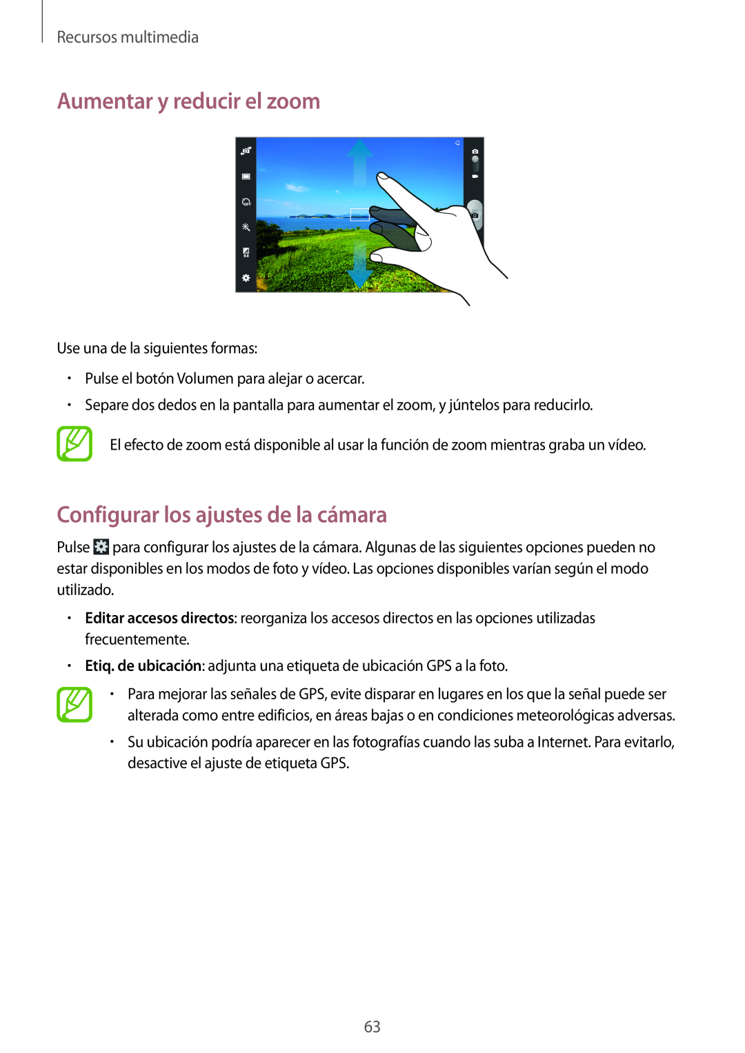 Samsung GT-P5200ZWAPHE manual Aumentar y reducir el zoom, Configurar los ajustes de la cámara, Recursos multimedia 