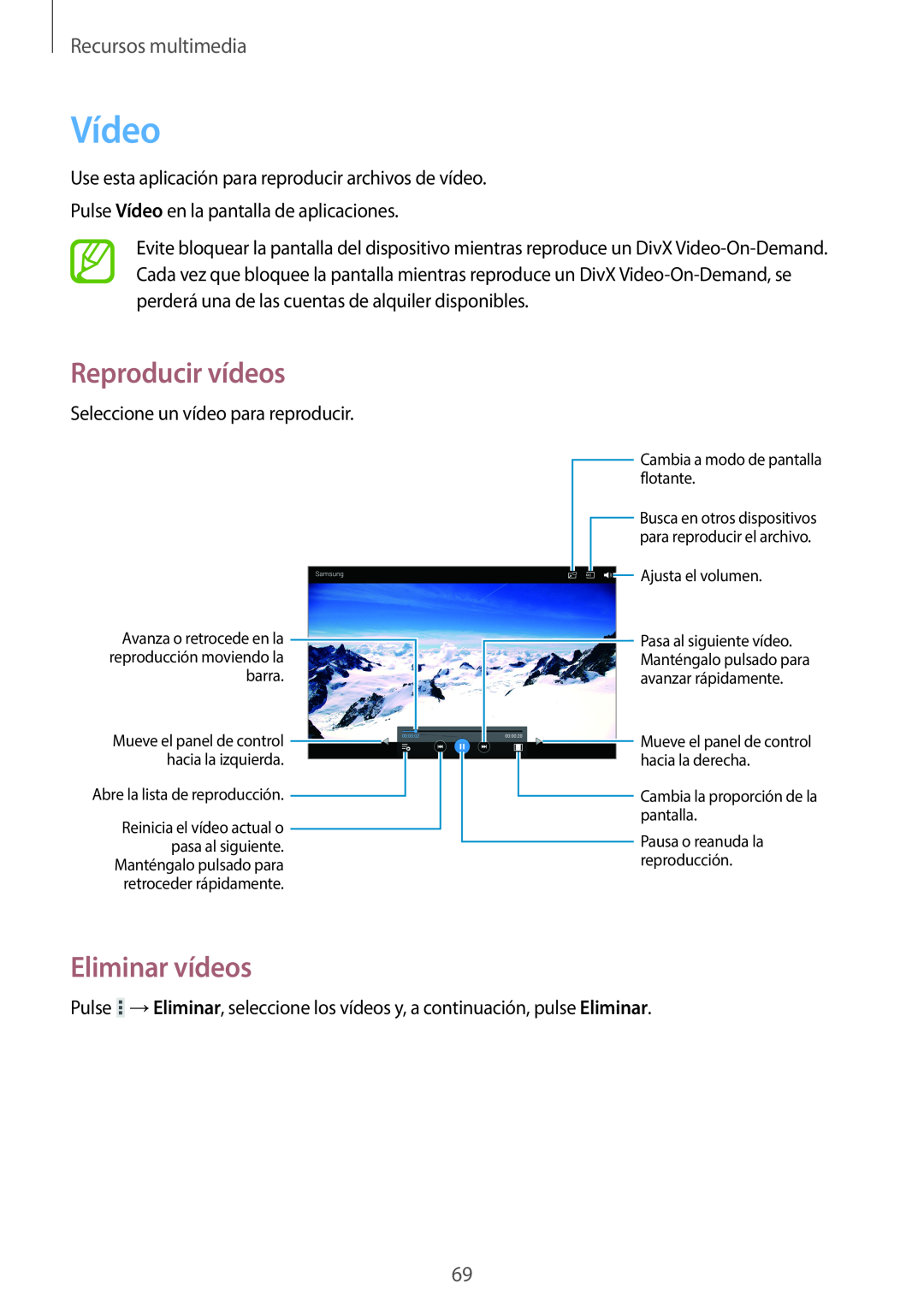 Samsung GT-P5200ZWAITV, GT-P5200MKADBT, GT-P5200ZWATPH manual Vídeo, Eliminar vídeos, Reproducir vídeos, Recursos multimedia 