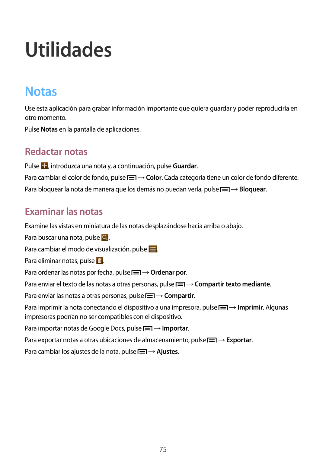 Samsung GT-P5200GNAAMN Utilidades, Notas, Redactar notas, Examinar las notas, →Ordenar por, →Compartir texto mediante 