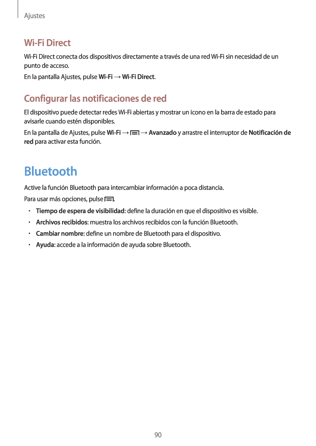 Samsung GT-P5200ZWAXEO, GT-P5200MKADBT manual Wi-Fi Direct, Configurar las notificaciones de red, Ajustes, Bluetooth 