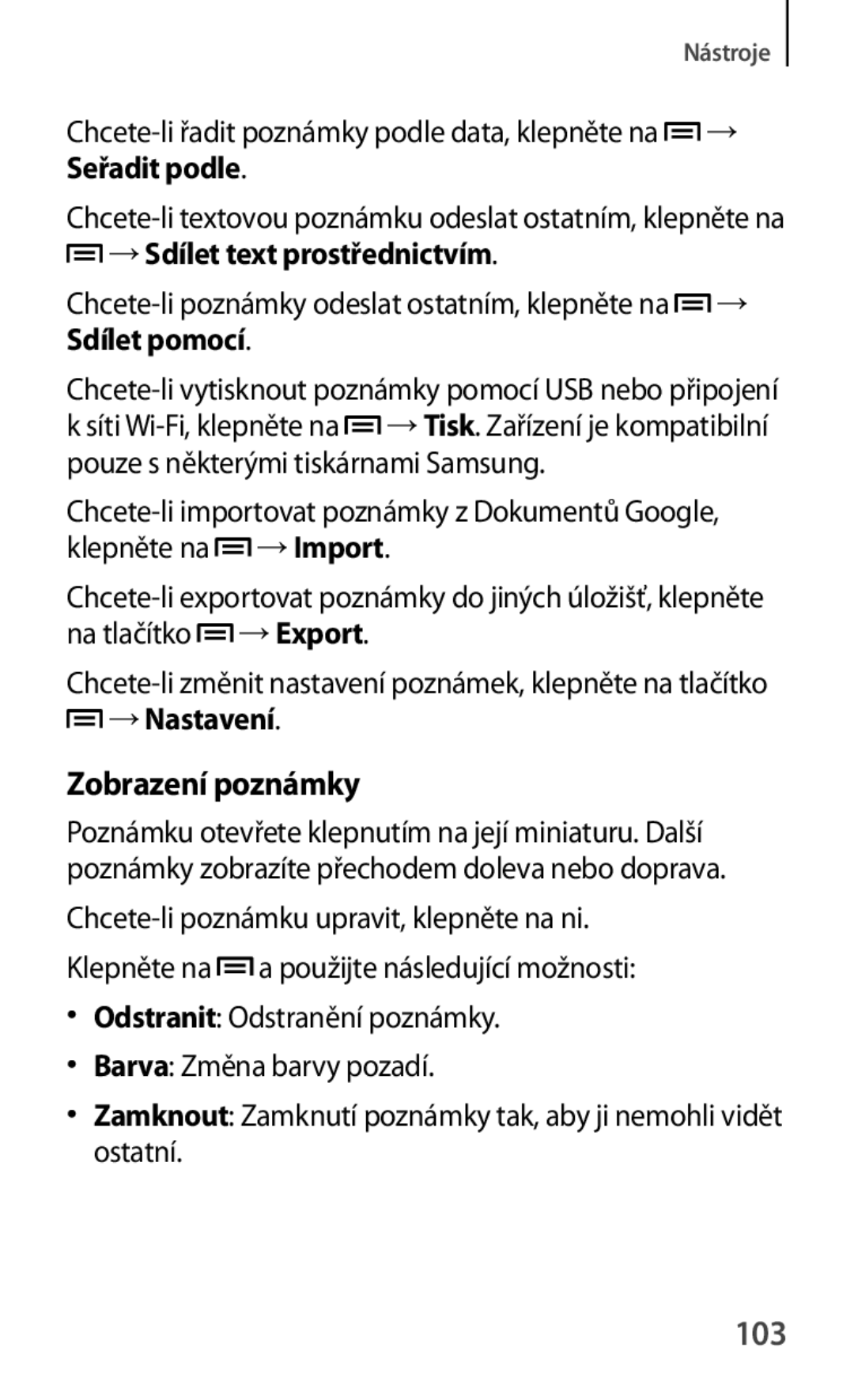 Samsung GT-P5200ZWAPRT, GT-P5200ZWAEUR, GT-P5200ZWAXEO, GT-P5200MKAATO, GT-P5200ZWATPL Zobrazení poznámky, 103, Sdílet pomocí 