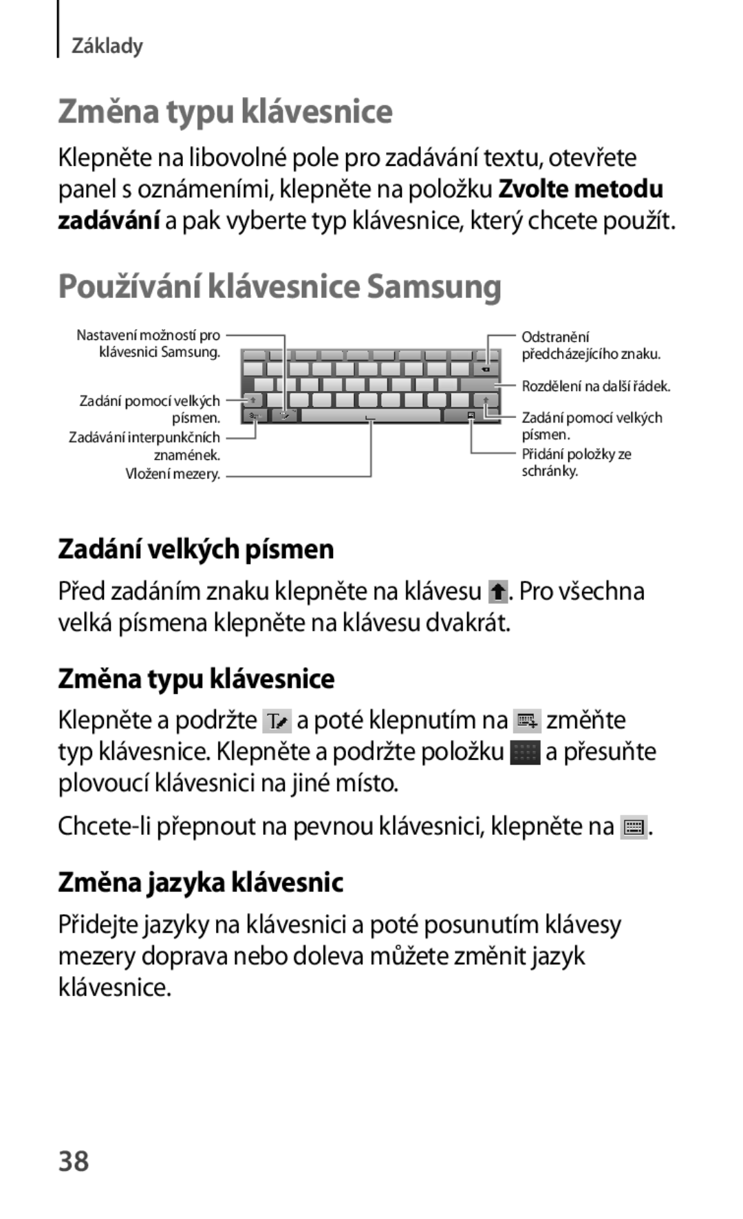 Samsung GT-P5200MKAXSK Změna typu klávesnice, Používání klávesnice Samsung, Zadání velkých písmen, Změna jazyka klávesnic 