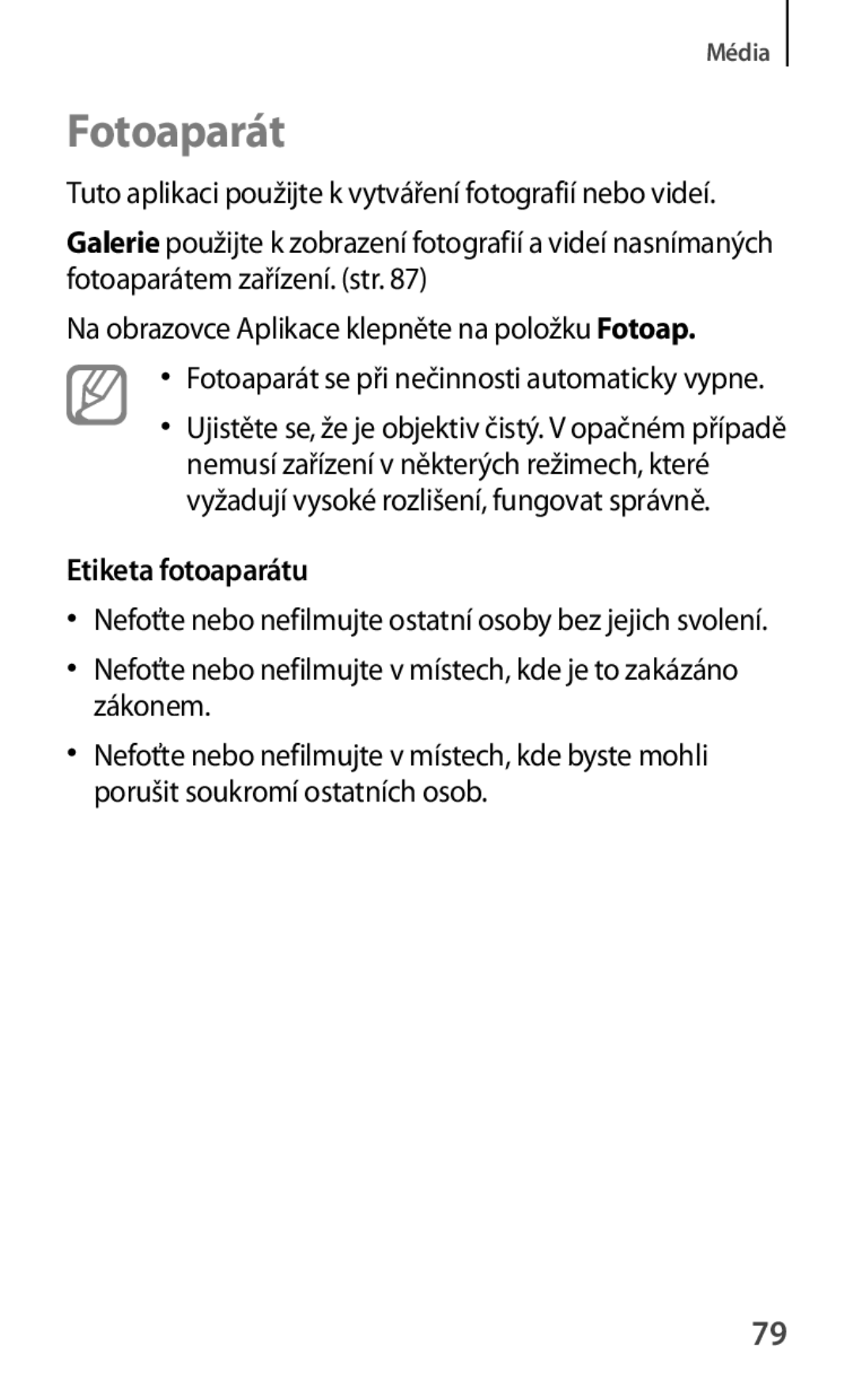 Samsung GT-P5200ZWADRE, GT-P5200ZWAEUR, GT-P5200ZWAXEO, GT-P5200MKAATO, GT-P5200ZWATPL manual Fotoaparát, Etiketa fotoaparátu 